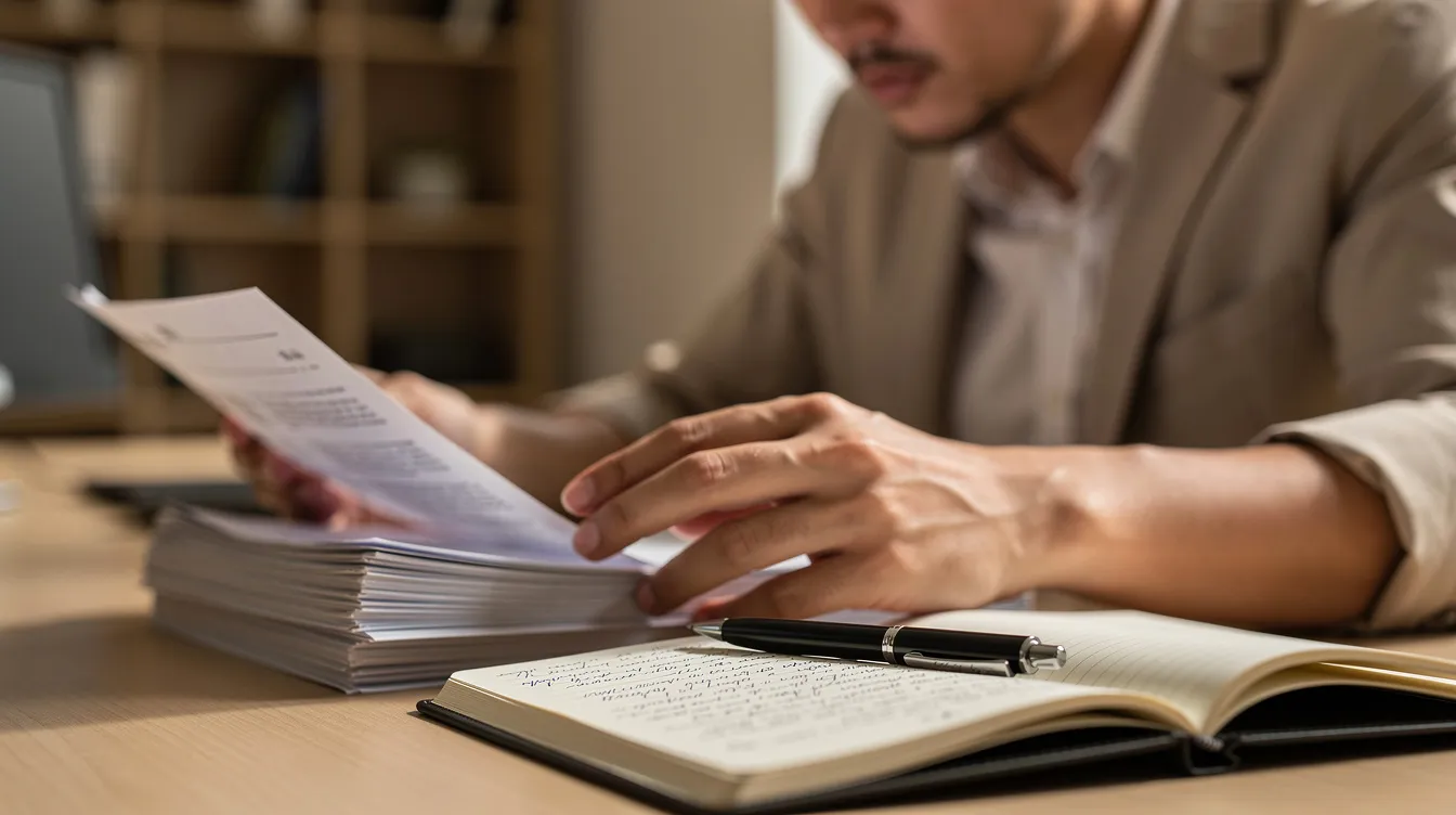 be72bb67 3bc6 454d 9cdb 9f50bce11dcc A person is seated at a desk, intently reading official documents while holding a pen and a notepad, suggesting they are assessing financial details related to loans availed from banks or non-banking financial companies. The scene conveys a sense of diligence in verifying information, possibly in the context of security verification or financial assistance for a business project.