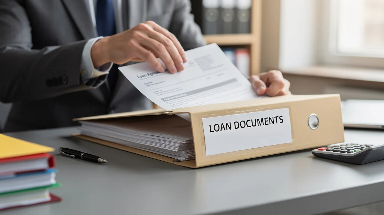 be741604 2074 4948 93a6 6d4534fe9ec4 A person is meticulously organizing loan documents into a labeled file folder, ensuring a clear business plan and satisfactory credit track record for their mudra loan applications. This preparation is essential for small and micro businesses seeking financial assistance from banks or financial institutions under the pradhan mantri mudra yojana.