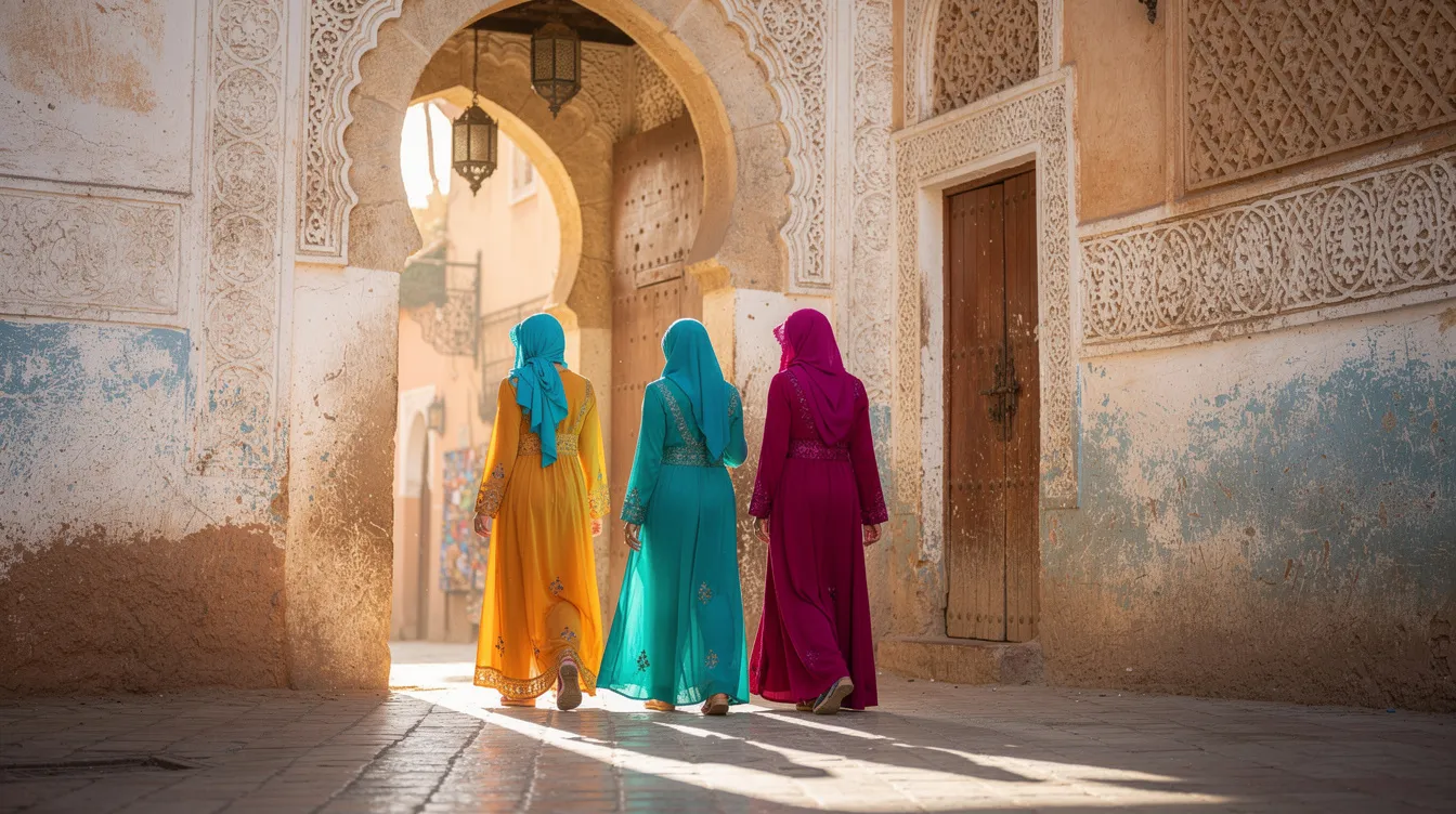 In a sunlit Moroccan medina, women dressed in colorful modest clothing walk through an archway adorned with intricate carved plasterwork. This scene reflects the vibrant daily life in Morocco, a sovereign Muslim state where strong religious beliefs and practices shape the cultural landscape.