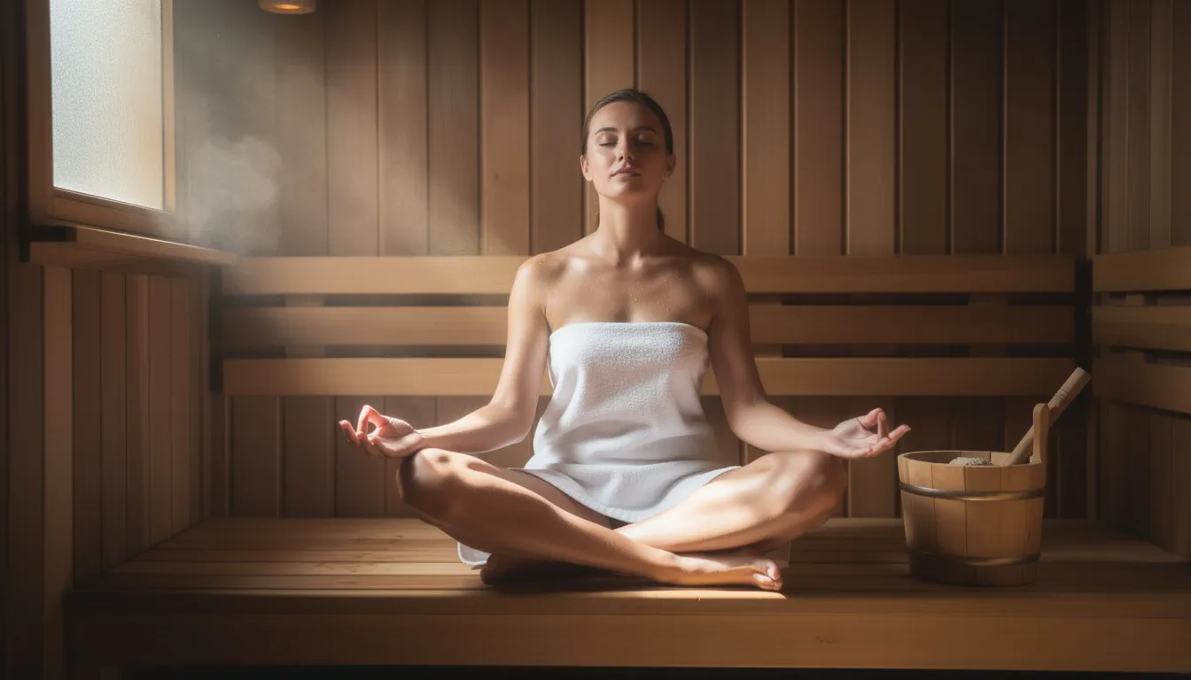 A person sits in a meditative position inside a warm sauna room, bathed in soft natural light, embodying the relaxation benefits of sauna therapy. This serene indoor sauna experience promotes cardiovascular health and muscle recovery, making it an ideal personal retreat for stress relief and overall well-being.