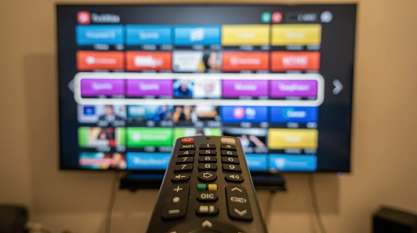 A close-up view of a television remote control is displayed in the foreground, with a large flat-screen smart TV in the background featuring an electronic program guide (EPG) that shows a channel list. This image highlights the convenience of accessing live channels and premium content through an IPTV service provider.