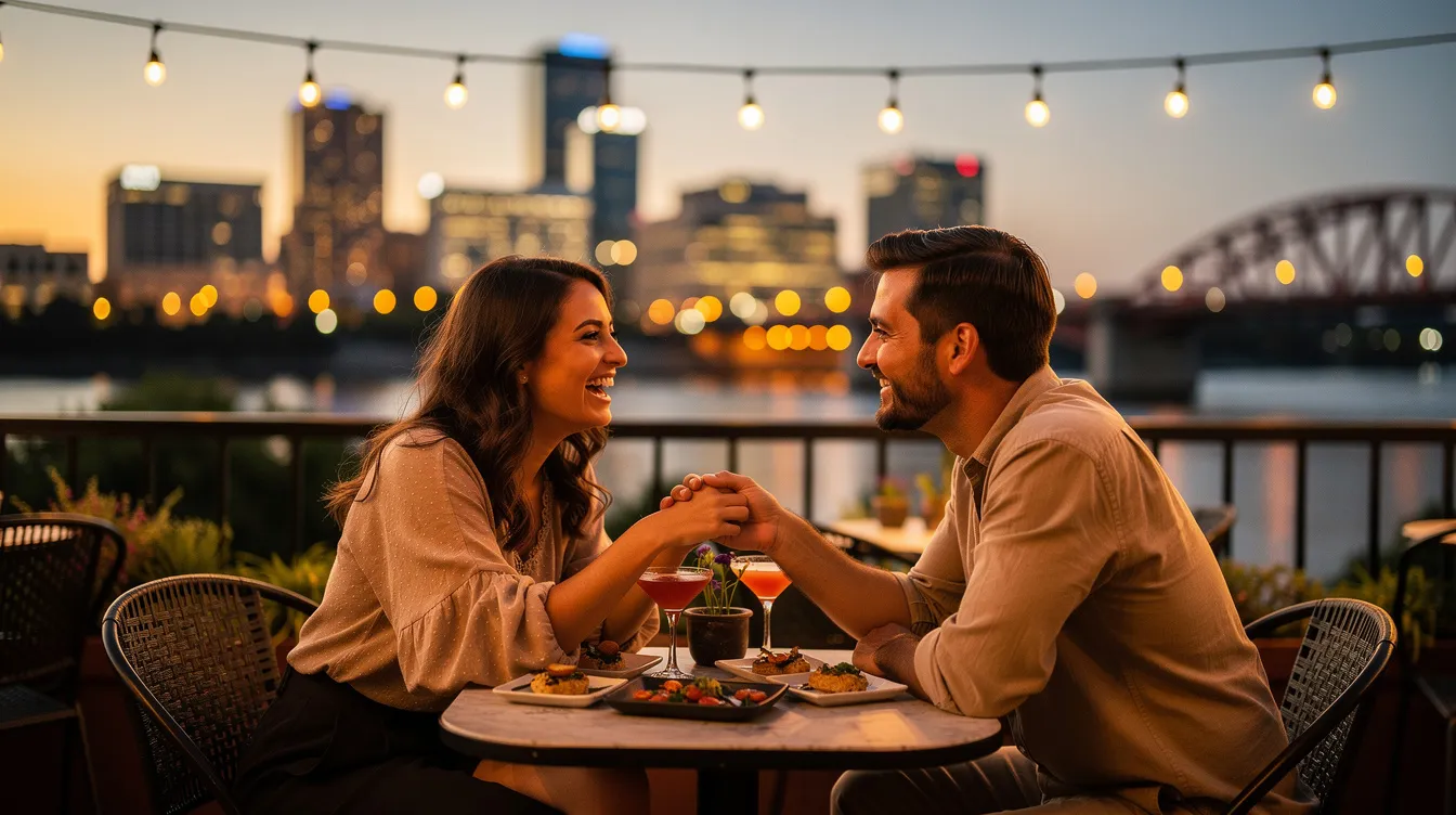 A couple enjoys a romantic date night by Lady Bird Lake in Austin, TX, surrounded by twinkle lights and live music, creating an intimate atmosphere perfect for a special occasion. The scene captures the essence of Austin's vibrant culture, with food trucks nearby and a picturesque sunset reflecting on the water.
