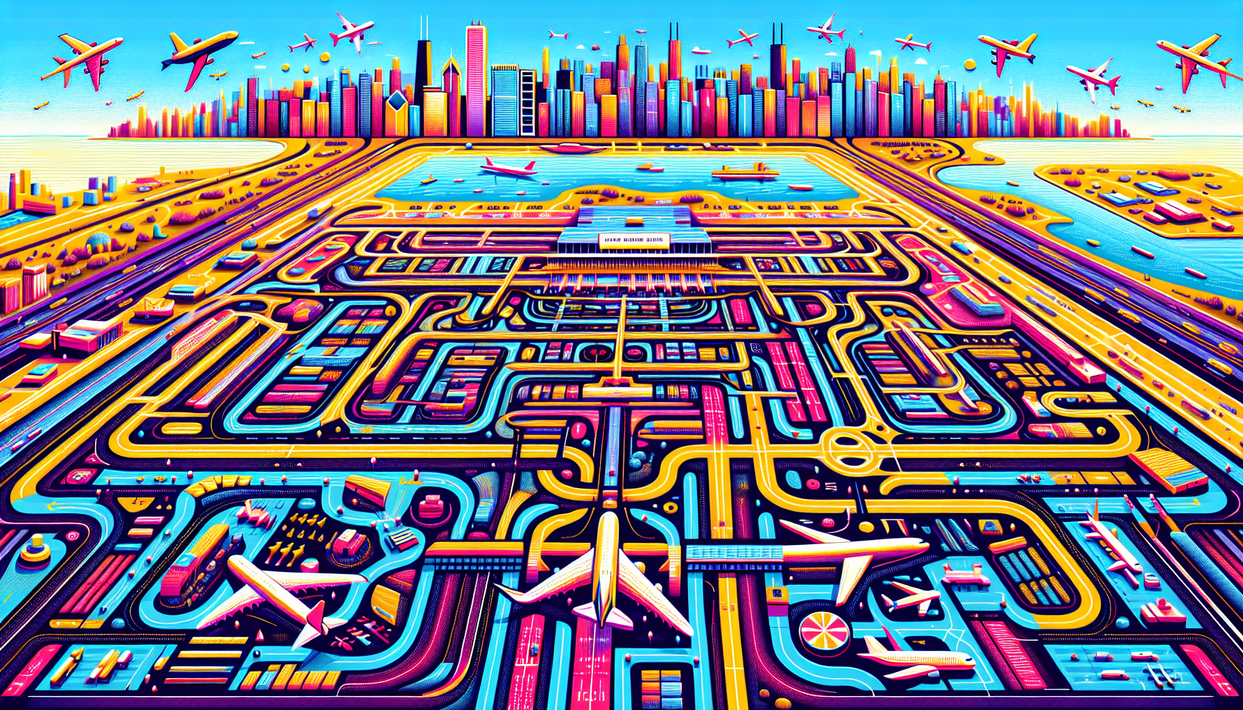 An illustration of popular airports in Chicago, including O'Hare and Midway, with a focus on their layout.