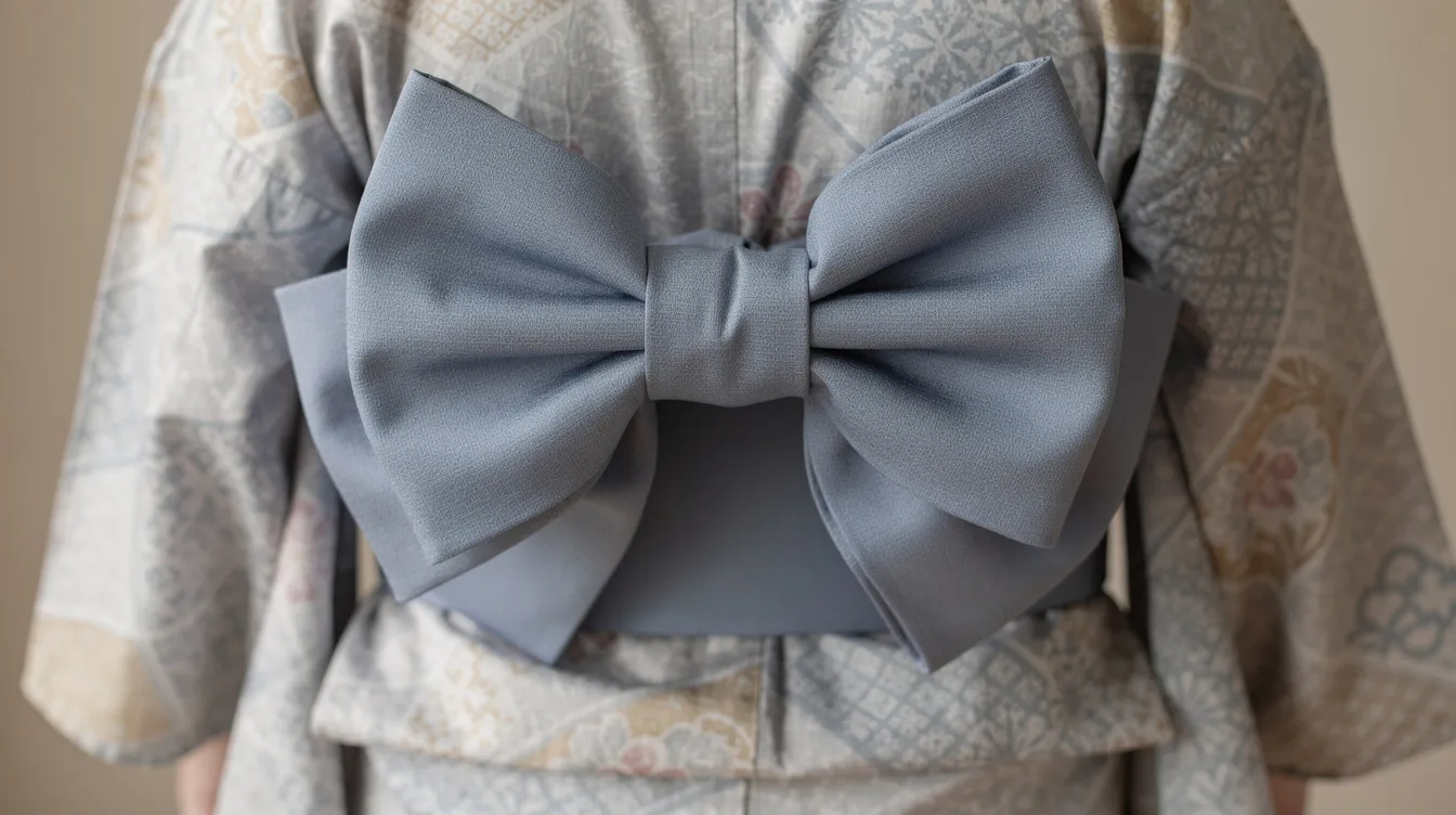 A close-up image showcases a beautifully pre-tied obi bow in a contrasting color, elegantly positioned against the patterned fabric of a yukata robe. This detail highlights the intricate design and craftsmanship typical of traditional Japanese attire, perfect for a yukata experience in towns like Kinosaki Onsen.