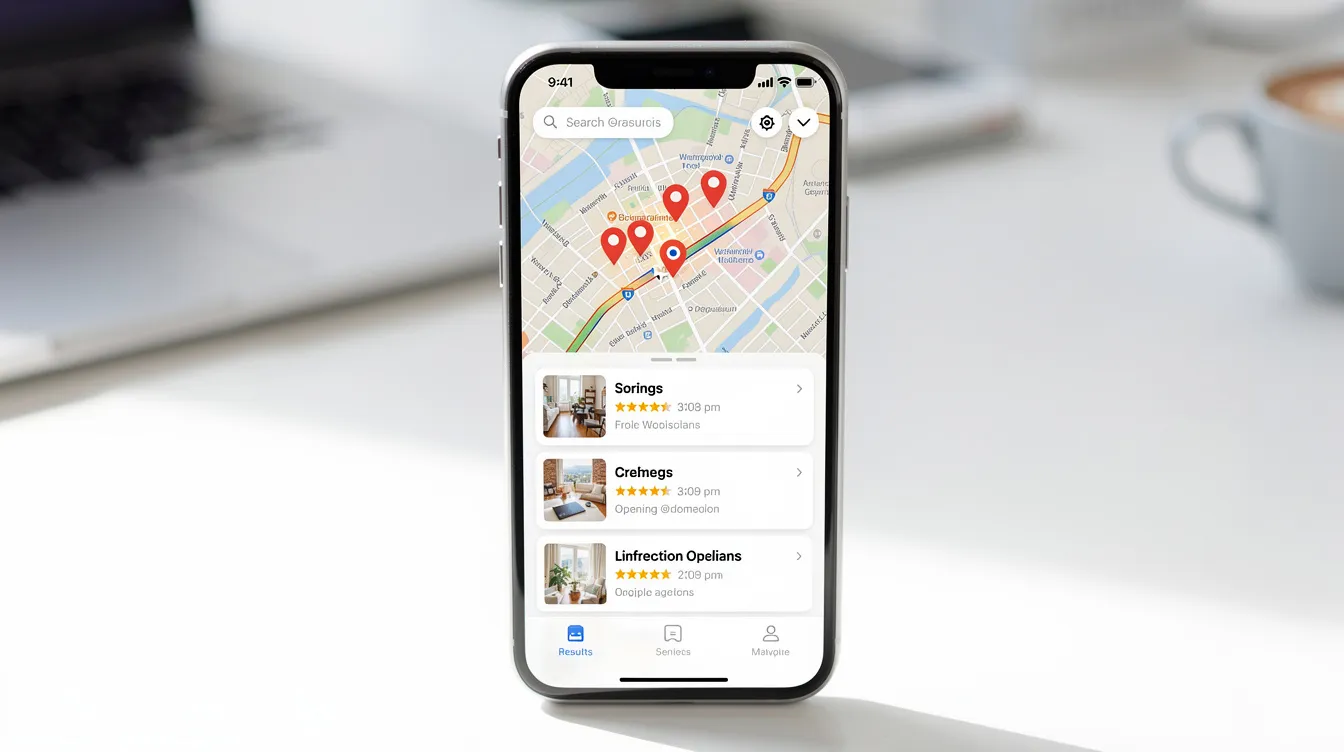 A mobile phone screen displays local search results featuring a map and various business listings, showcasing how digital marketing services can enhance visibility for local businesses. This image illustrates the importance of search engine optimization and online marketing strategies in reaching a target audience effectively.