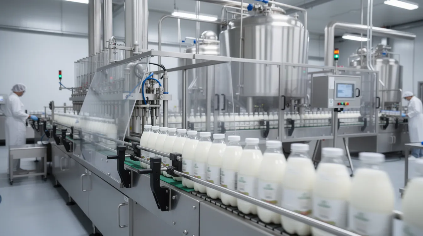 The image depicts an industrial stainless steel dairy filling line with a conveyor system, where bottles of flavored milk are moving through automated equipment. This setup showcases the efficiency and production capacity required for high-quality dairy beverage packaging, highlighting the use of advanced technologies in a fully automatic filling machine.