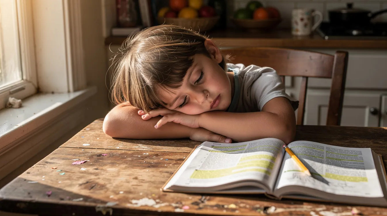 A young child, appearing tired, rests their head on folded arms at a kitchen table, with an open textbook nearby, suggesting they may be struggling with schoolwork or learning difficulties. This scene highlights the challenges some children face in a mainstream school setting, possibly indicating a need for additional support or coping strategies.