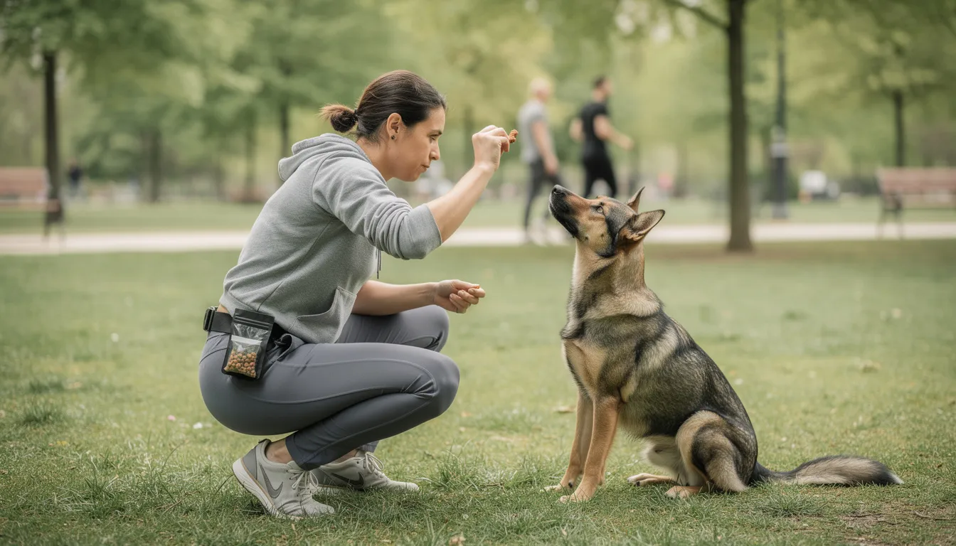 Na obrazku widoczna jest osoba trenująca psa w parku, używająca smakołyków jako nagrody. Scena ilustruje, jak można oduczyć psa niepożądanych zachowań, takich jak gryzienie mebli czy rąk, poprzez pozytywne wzmocnienie i wspólną zabawę.