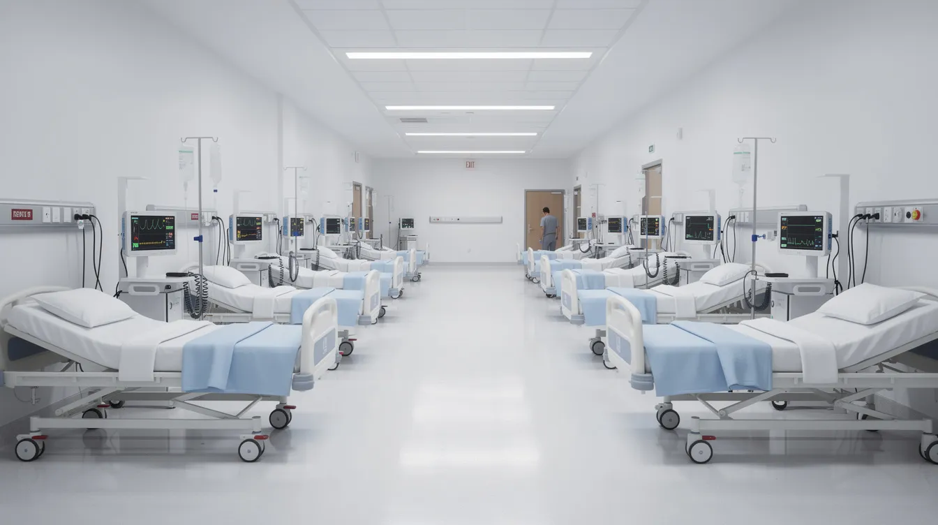 The image depicts a hospital corridor featuring clean and well-organized patient beds alongside advanced medical monitoring equipment. This setting emphasizes essential patient care and the efficient management of healthcare services within the hospital environment.