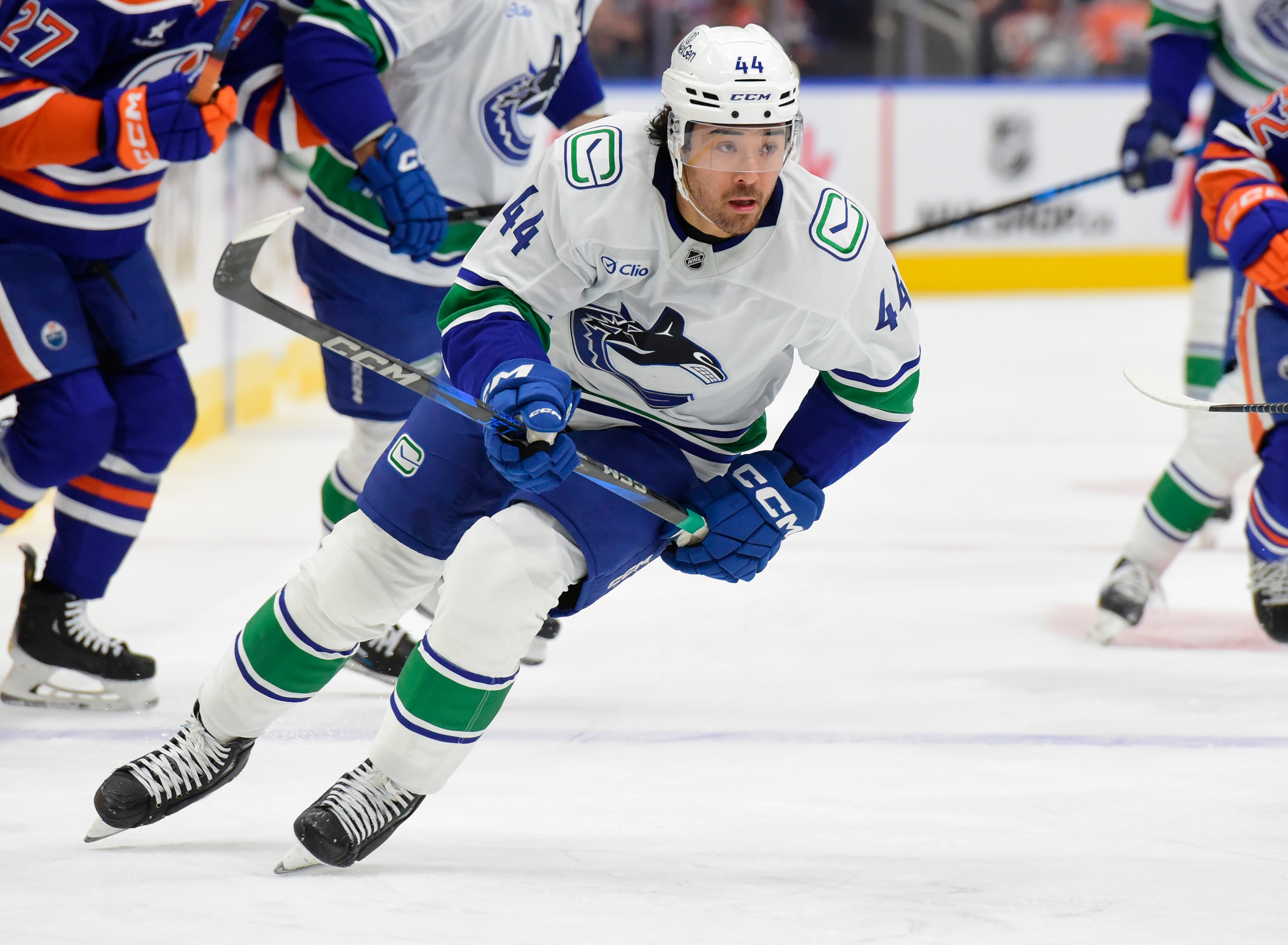 Kiefer Sherwood of the Vancouver Canucks in action during the preseason game at Rogers Place on September 30, 2024, in Edmonton, Alberta, Canada. 