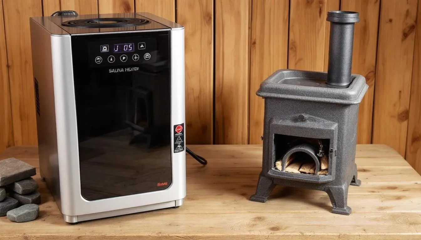 The image showcases various types of sauna heaters, including electric and wood-burning options, designed for both indoor and outdoor saunas. Each heater is displayed prominently, highlighting their features for creating a relaxing sauna experience in a sauna room or cabin.