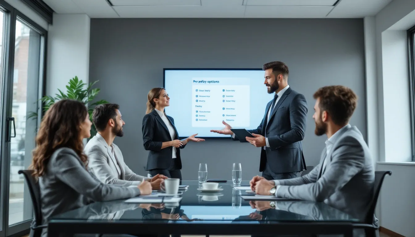 An insurance agent is presenting various policy options to business clients in an orderly manner, discussing strategies such as key person insurance to protect their company and manage risks. The setting emphasizes a professional atmosphere where the agent aims to help the clients navigate the complexities of insurance and make informed decisions for their business's future.