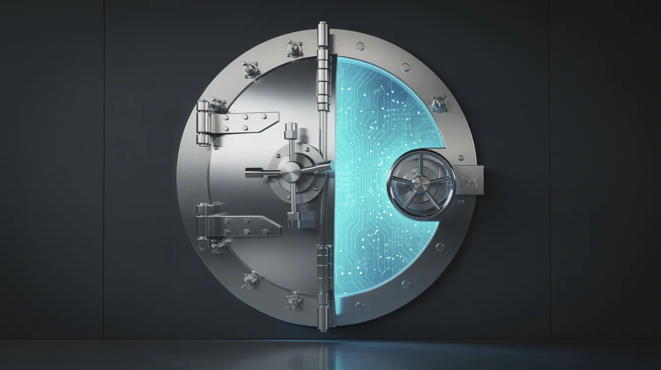 A secure vault door lit by a soft digital glow