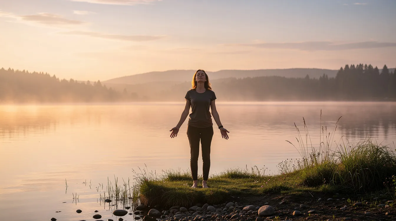 A person stands outdoors near a serene lake at sunrise, taking a deep breath with arms slightly open and eyes closed, embodying a moment of calm and connection with nature. This scene reflects the importance of nervous system regulation techniques, such as deep breathing, to support mental health and emotional resilience. A person stands outdoors near a serene lake at sunrise, taking a deep breath with arms slightly open and eyes closed, embodying a moment of calm and connection with nature. This scene reflects the importance of nervous system regulation techniques, such as deep breathing, to support mental health and emotional resilience.