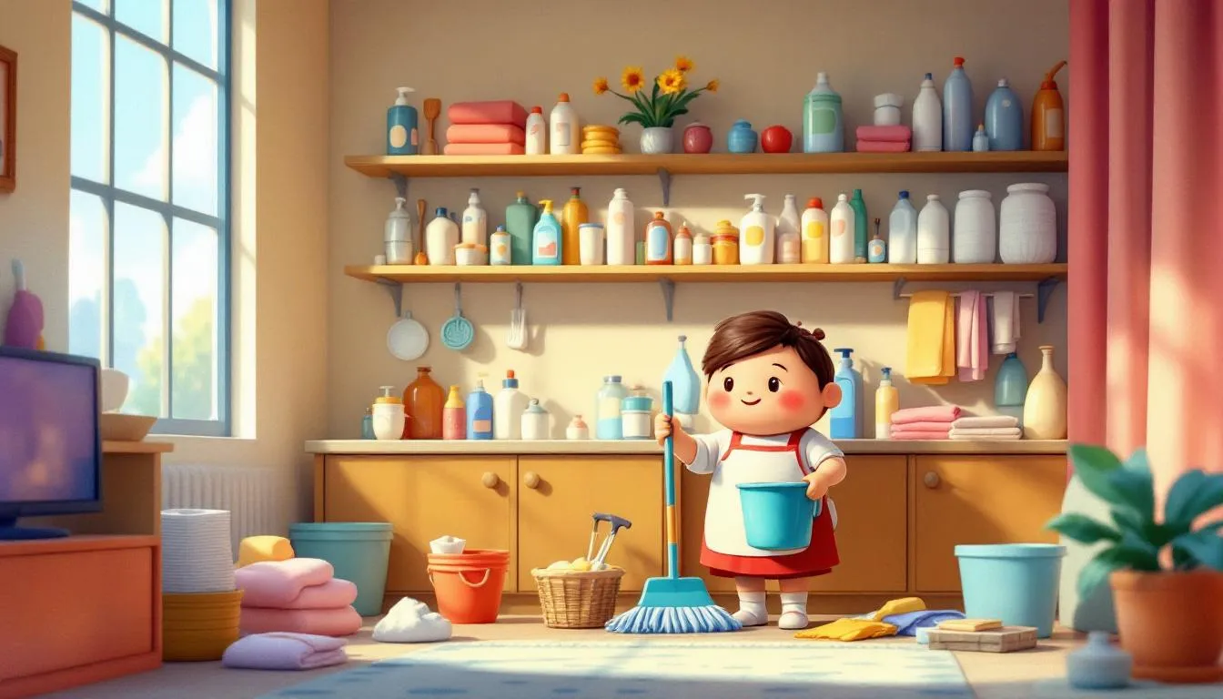 A housekeeper organizing cleaning supplies in a hotel room.