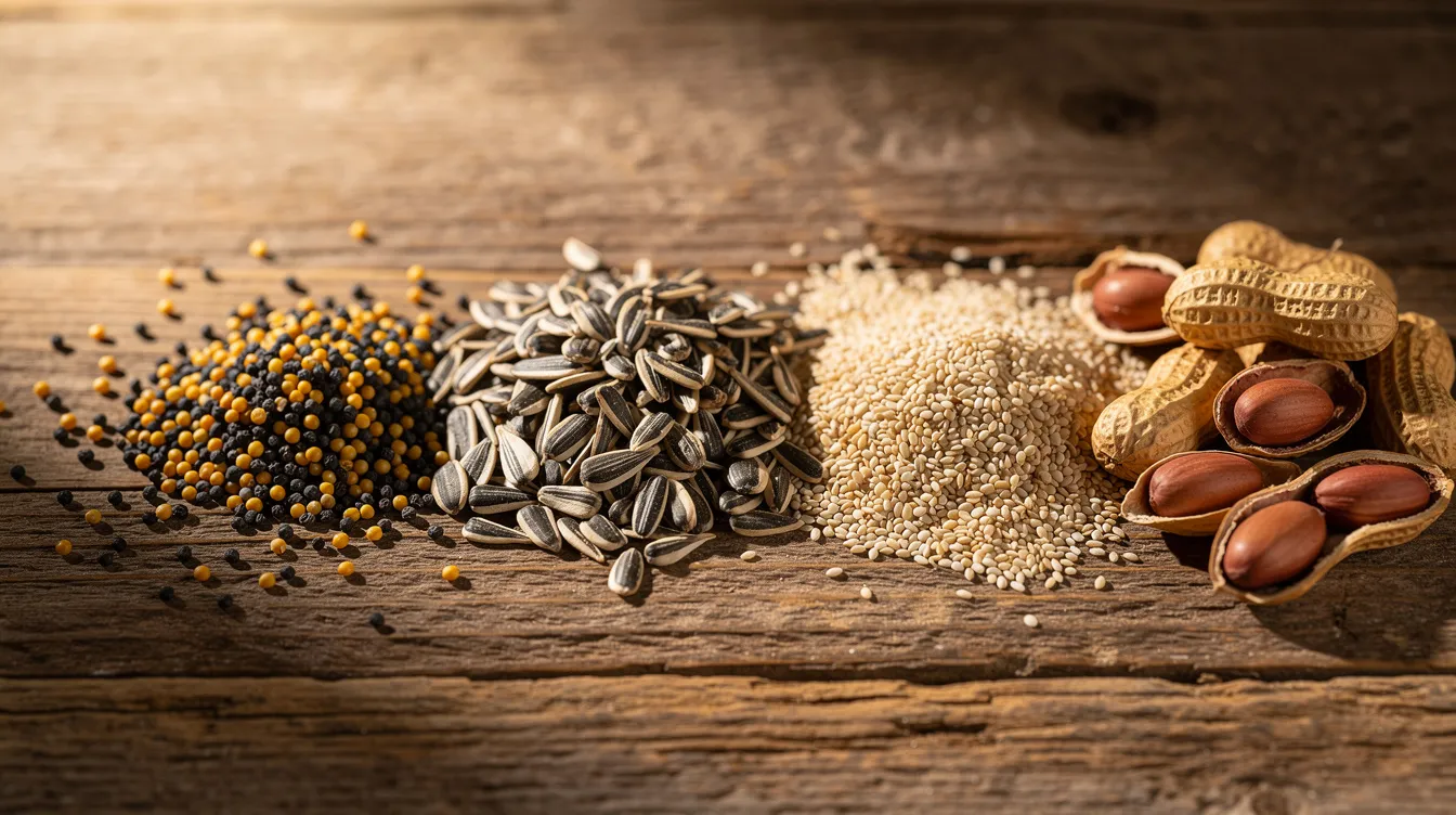 be85ded9 680a 4731 8fcc 0ea84792c1cd The image showcases a variety of oilseeds, including mustard seeds, sunflower seeds, groundnuts, and sesame, spread out on a wooden surface, highlighting the raw materials essential for the edible oil manufacturing industry. These seeds are integral to the production of various cooking oils, reflecting the growing demand in the edible oil market.