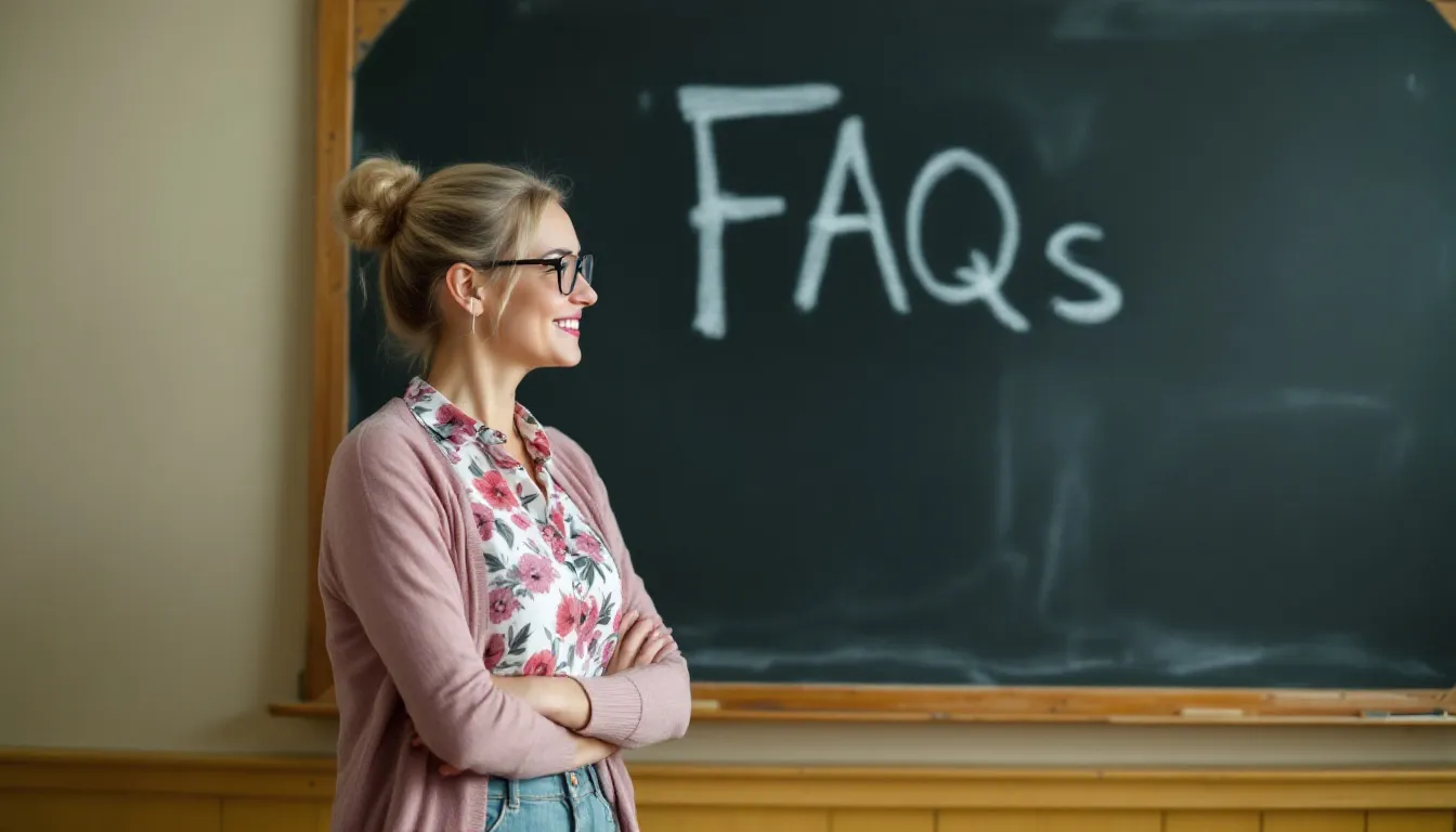 A school teacher stands in front of a chalkboard where "FAQs" is prominently written in large chalk letters, suggesting a session focused on addressing common questions about education. This image may resonate with private schools and nonprofit organizations seeking information about financing options such as SBA loans or cash flow loans to support their business needs.