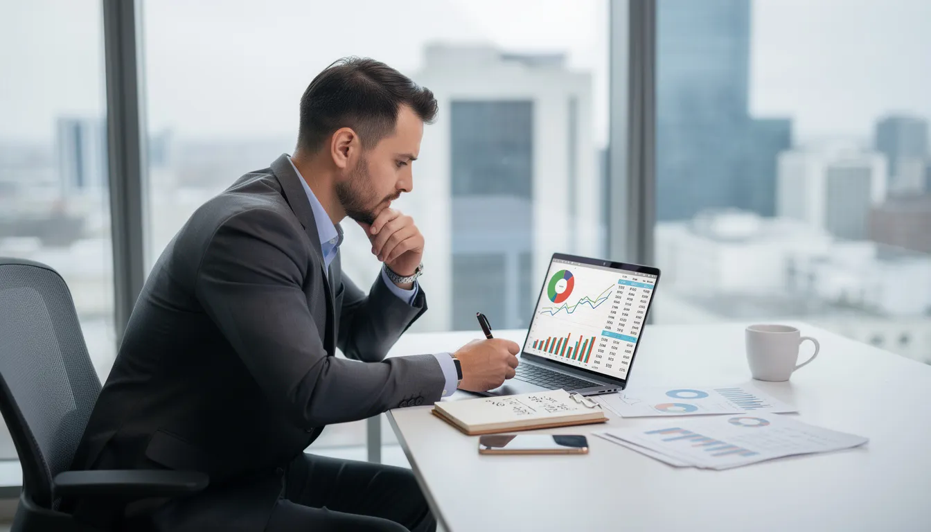 A business owner is focused on analyzing crucial financial data on a laptop in a modern office, utilizing the Worldpay dashboard mobile app to effortlessly manage transactions and monitor revenue streams. The setting reflects a professional environment where small business owners can access vital business information and gain insights into their operations.