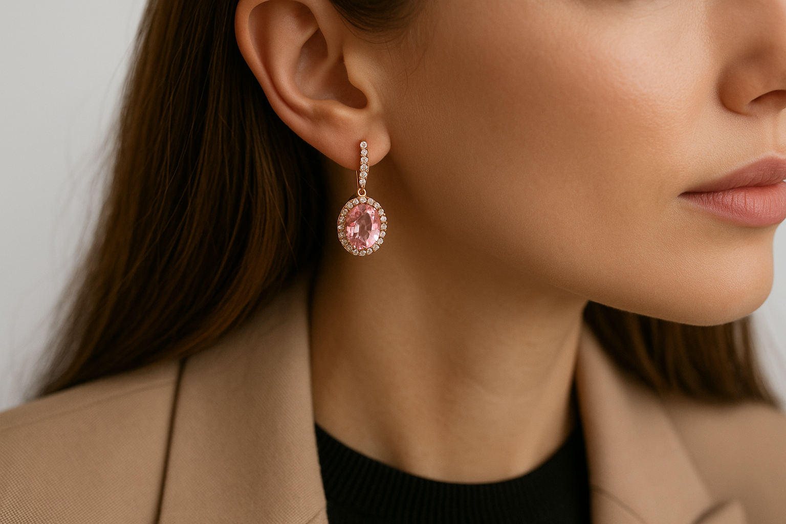 Stilingos moters ausyje segamas elegantiškas auskaras su rožiniu morganitu ir deimantais.