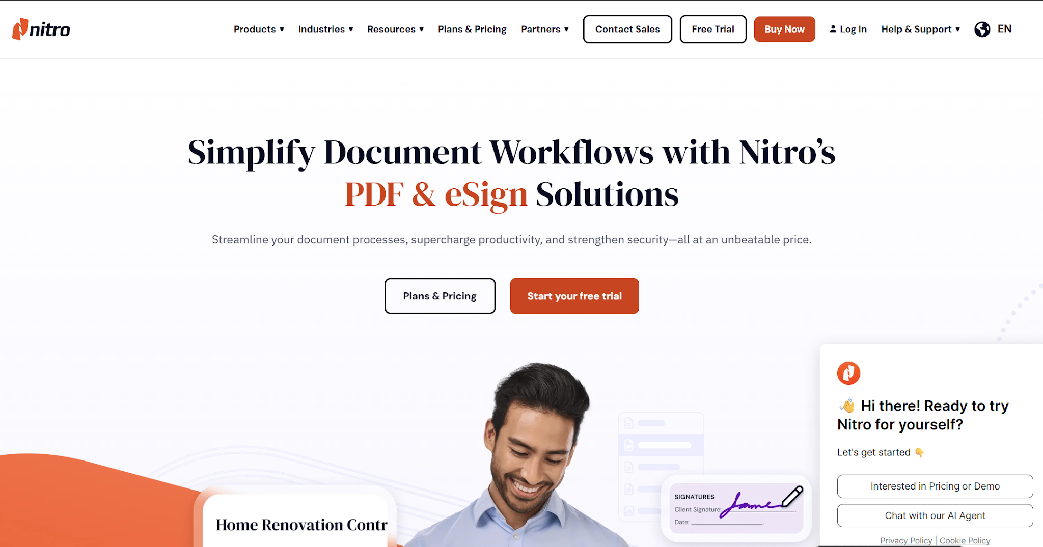 Nitro PDF's homepage screenshot with a value proposition of PDF and eSignature solutions. It includes links to pricing information, a free trial, and various document workflow tools.