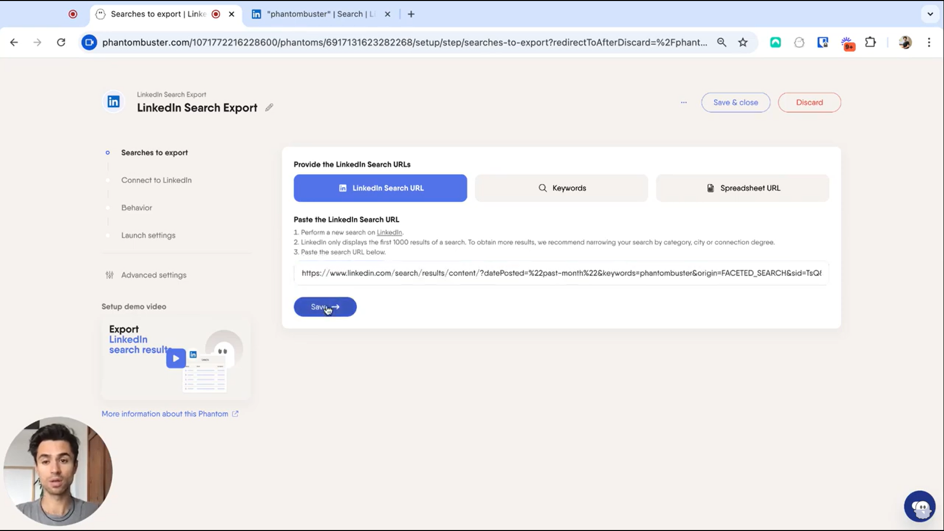 Paste URL to export LinkedIn search