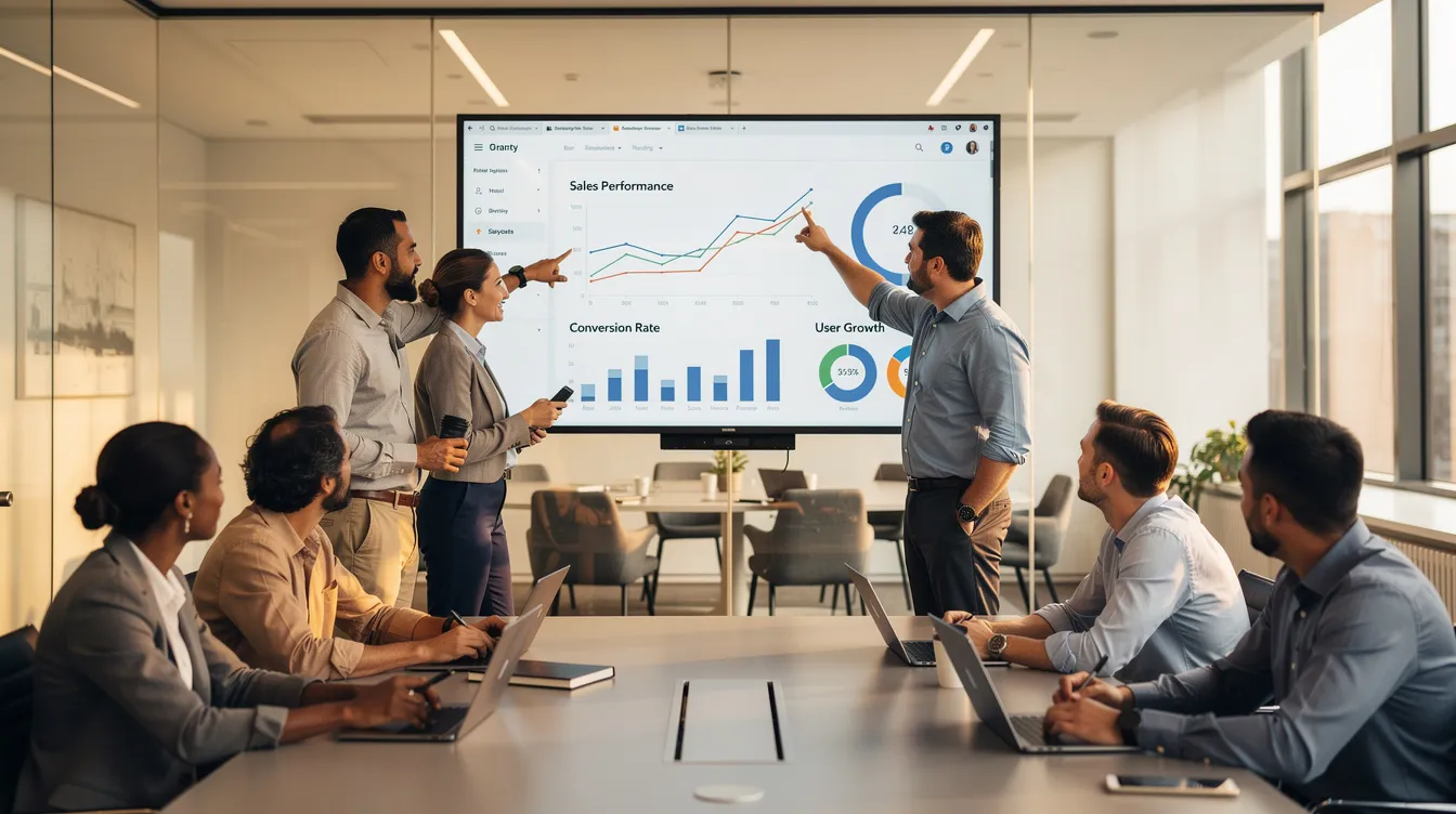 A team of professionals analyzing performance metrics and discussing apprenticeship records management.