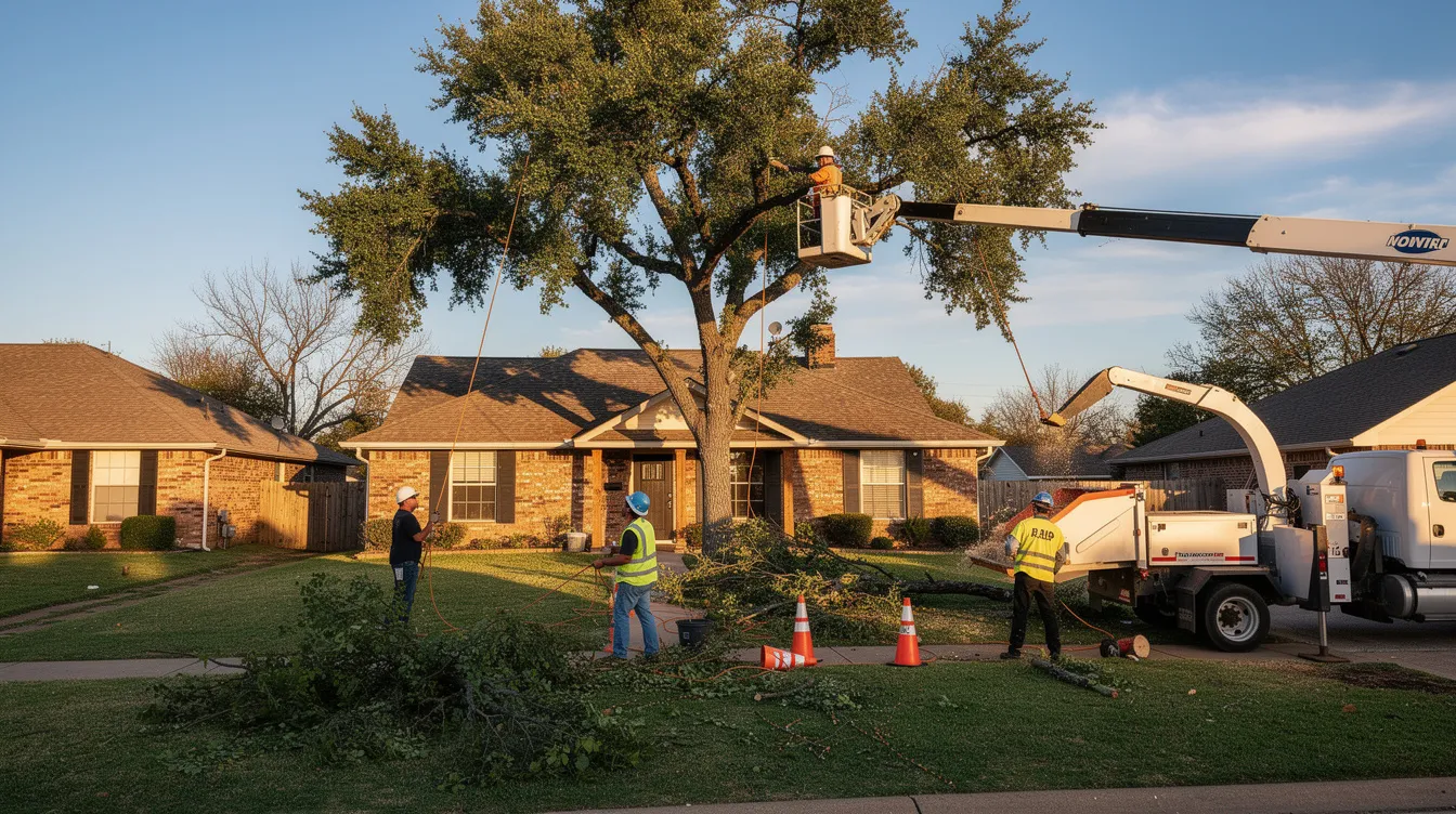 A professional tree cutting service in Oklahoma City is depicted, showcasing skilled workers carefully trimming and removing overgrown trees and dead branches from residential and commercial properties. The scene emphasizes the importance of safe tree removal and proper tree care, ensuring the health and aesthetics of the surrounding landscape.