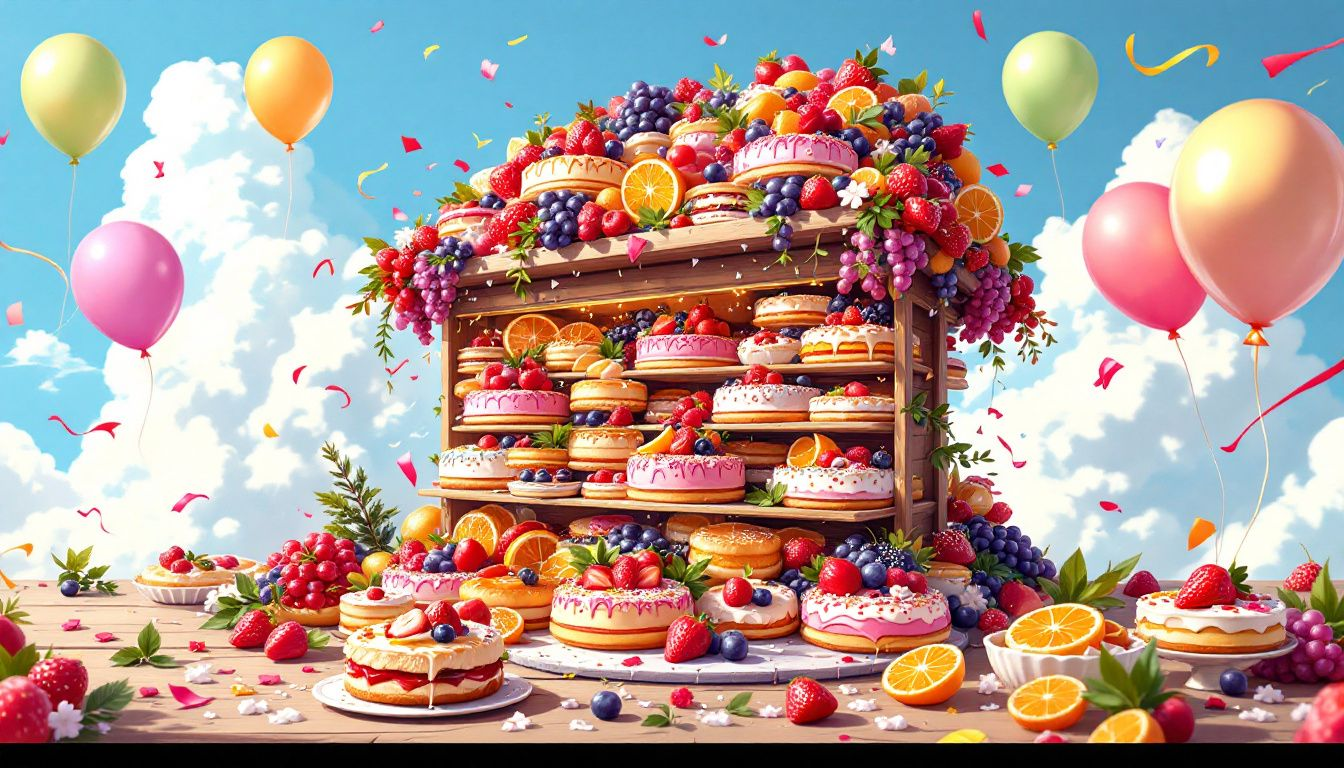 A colorful display of festive fruit pastries garnished with fresh fruits.