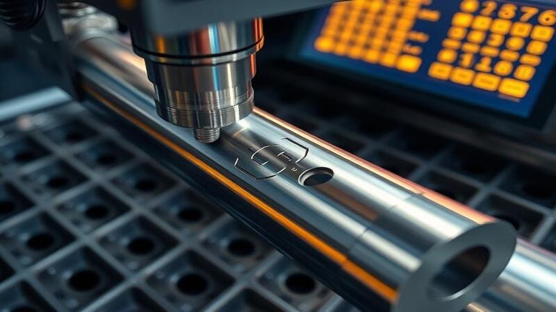 A laser machine simultaneously cutting and engraving a steel tube, with visible markings and precision-drilled holes.