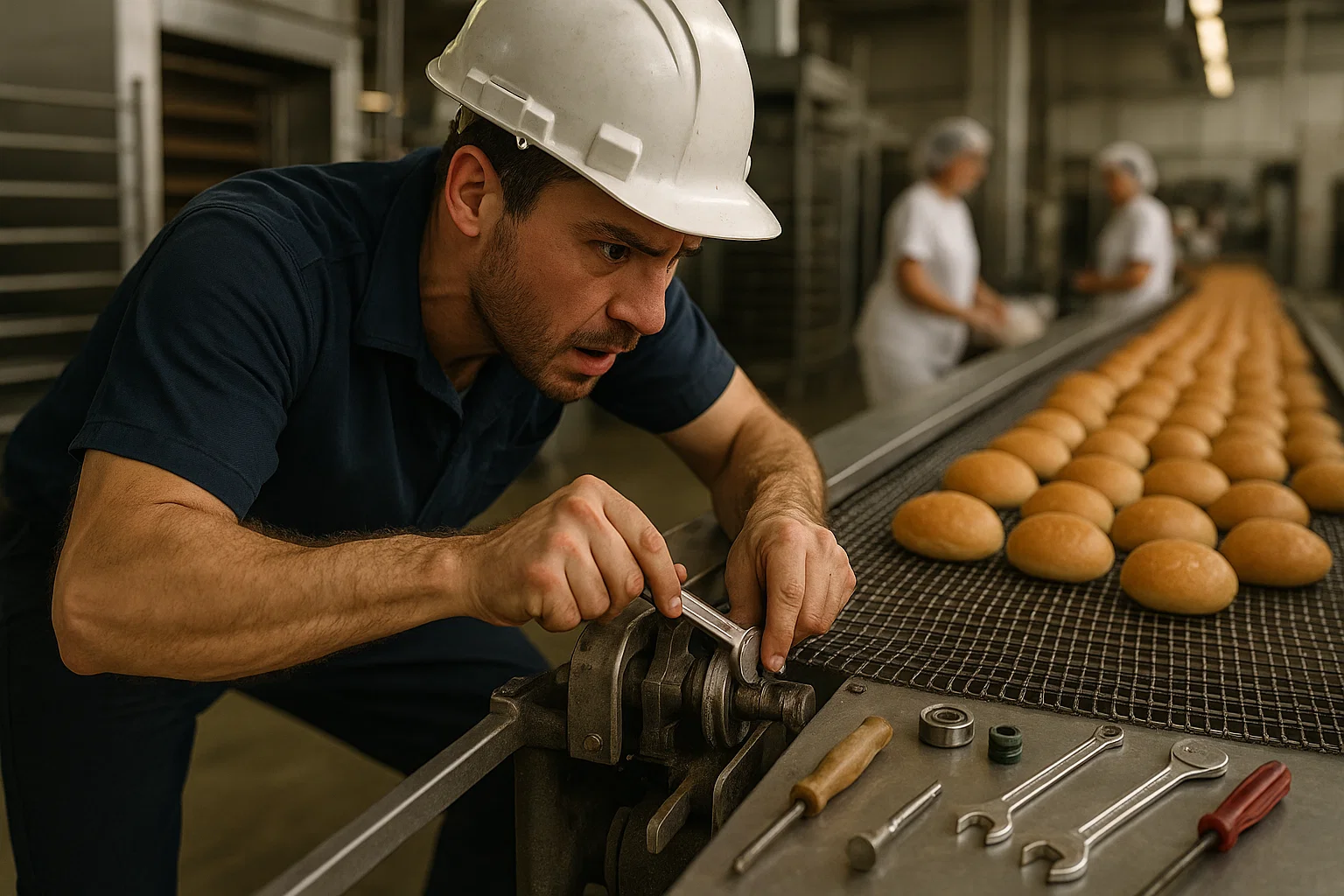 Engineer repairing a bakery conveyor belt mid-production to keep bread moving on schedule.