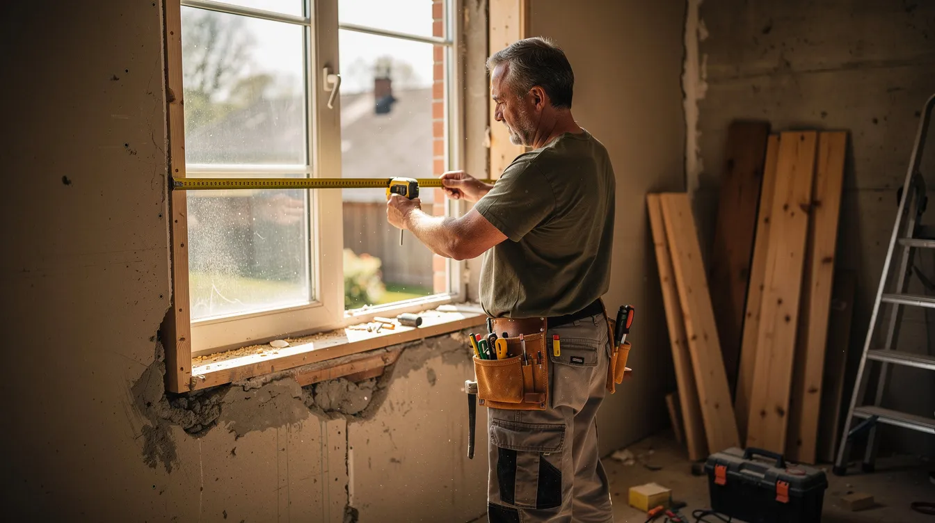 Un artisan menuisier, équipé d'un mètre ruban, prend des mesures précises pour l'installation d'une fenêtre dans une maison. Cette scène illustre le savoir-faire et l'expertise d'un menuisier à Rezé, mettant en avant les travaux de menuiserie intérieure.