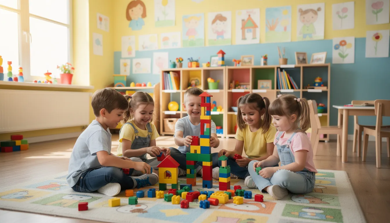 Na obrazku widać grupę dzieci bawiących się kolorowymi klockami w radosnej atmosferze w przedszkolnej sali. Dzieci chętnie uczestniczą w zajęciach dydaktycznych, rozwijając swoje umiejętności w zakresie stosunk&oacute;w przestrzennych oraz wsp&oacute;łpracy z r&oacute;wieśnikami.