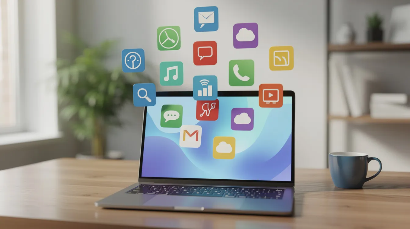 The image depicts a vibrant array of software application icons floating above a sleek laptop in a modern workspace, symbolizing the diverse tools a virtual assistant might use for various administrative tasks such as scheduling appointments, managing emails, and supporting small business owners with their day-to-day operations. The setting reflects a fast-paced environment where organizational skills and time management are essential for delivering high-quality work.