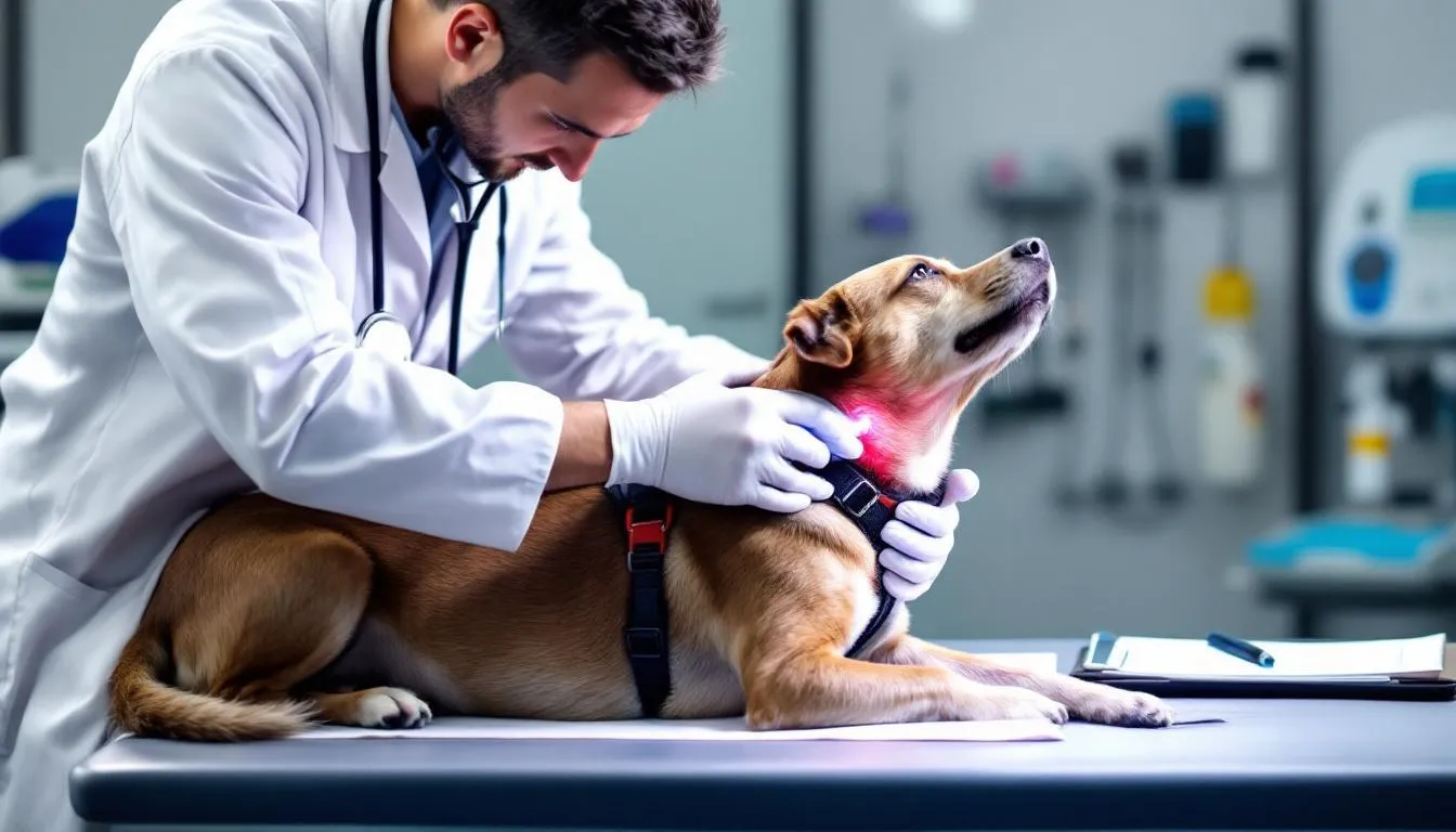 A veterinarian is carefully examining a dog