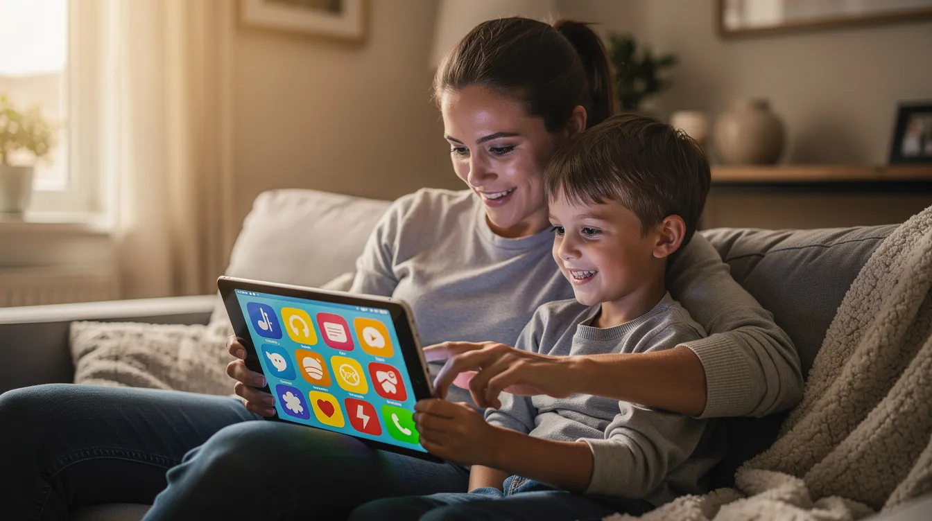 A parent and child are sitting together, engaged with a tablet device displaying colorful icons, which may represent various educational tools for language learning and communication skills development. This interactive experience provides valuable support for children with speech difficulties, helping them practice articulation and enhance their confidence through engaging activities.