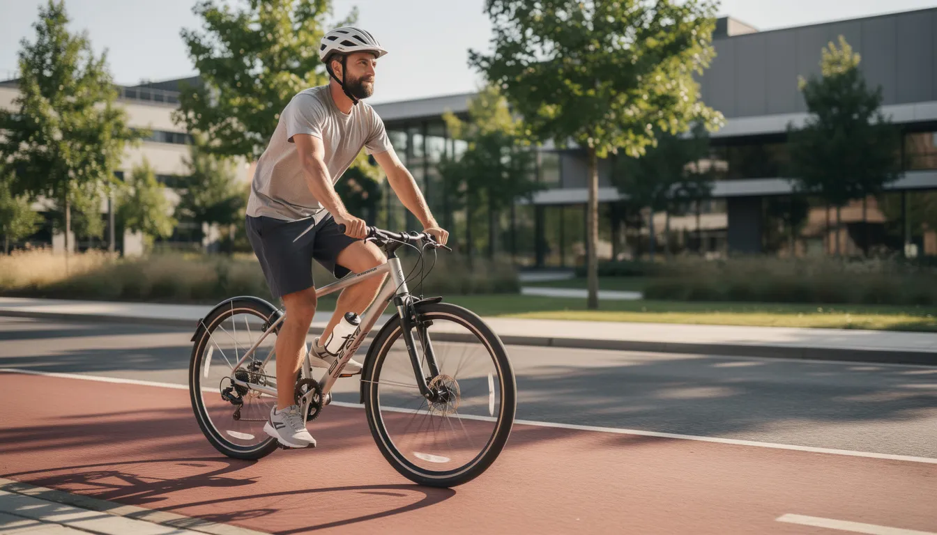 Ein Radfahrer fährt auf einem Stadtrad, trägt einen Helm und einfache Sportbekleidung, während er einen sonnigen Radweg entlang fährt. Die Szene vermittelt ein Gefühl von Freiheit und Spaß am Radfahren, ideal für Anfänger im Radsport.