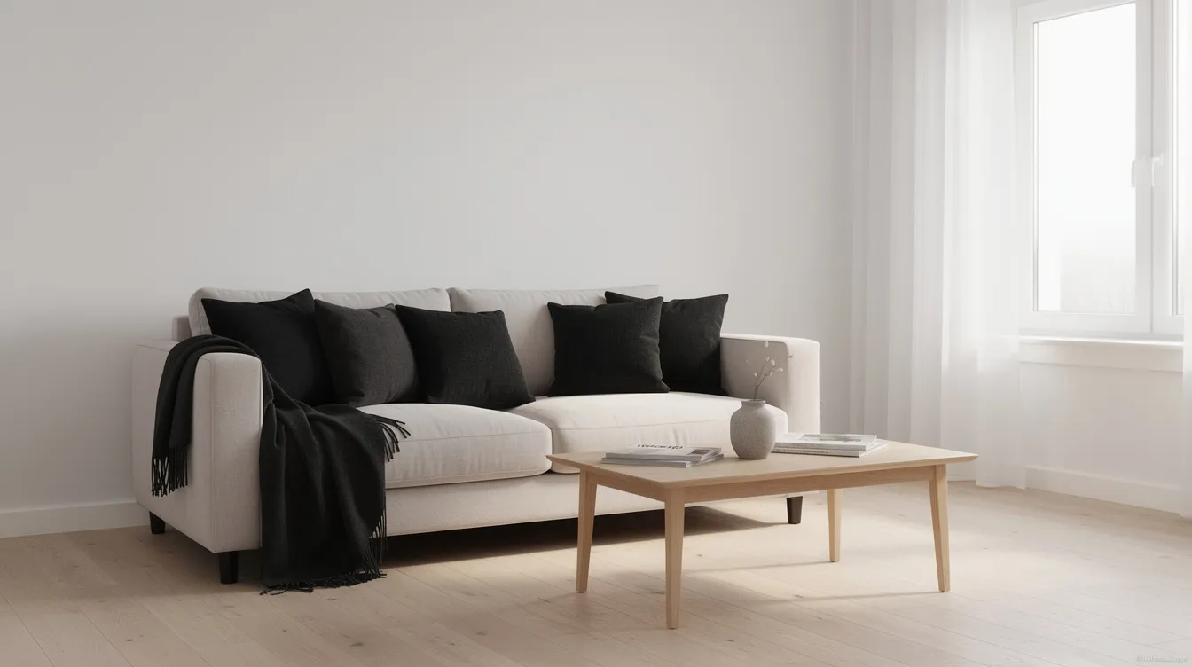 En ljus soffa pryds av svarta linnekuddar och en svart pläd, vilket skapar en stilren och modern atmosfär i det skandinaviska vardagsrummet. Kontrasten mellan de ljusa och svarta färgerna ger rummet en elegant karaktär.