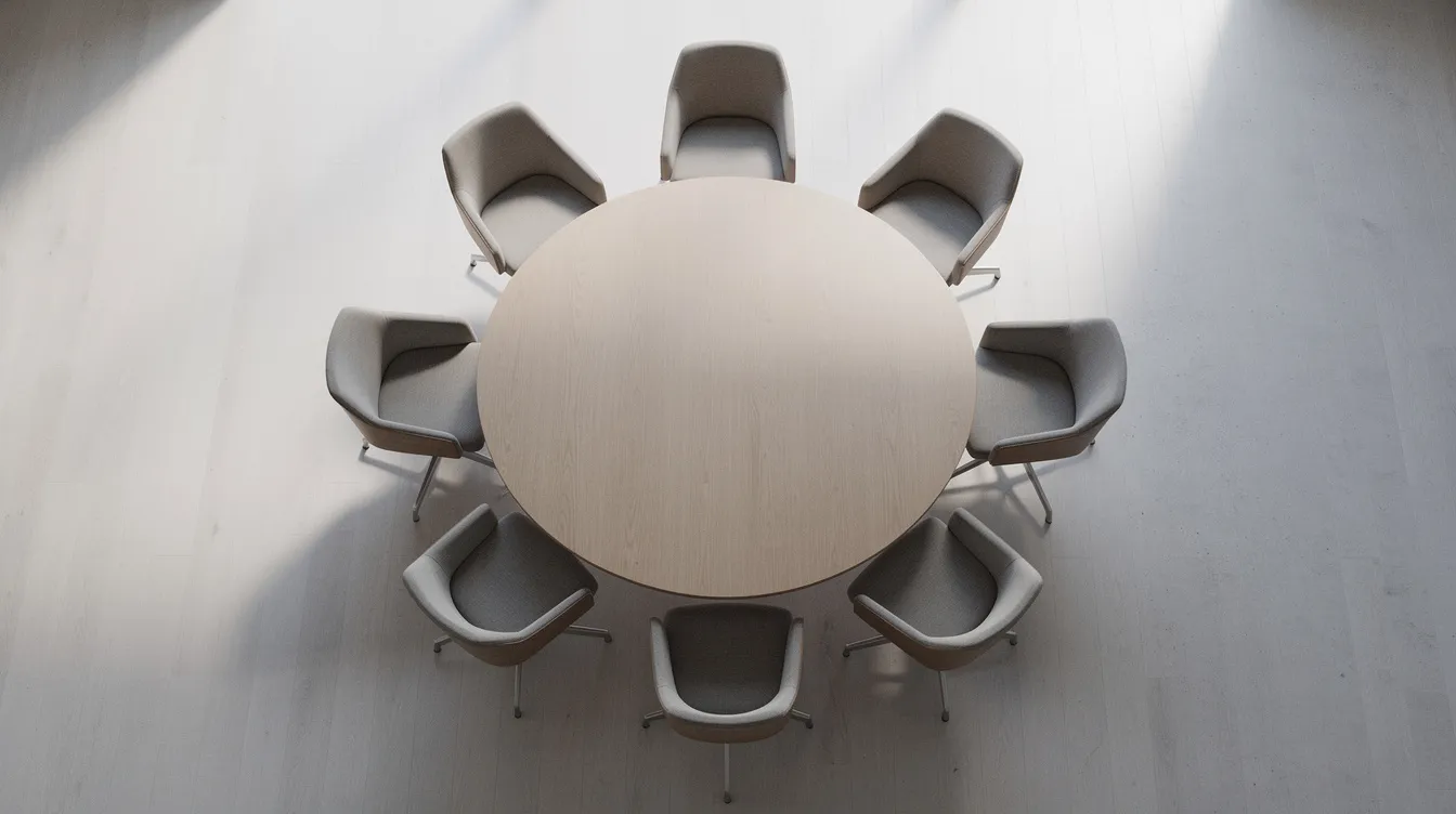 Een bovenaanzicht van een ronde eettafel omringd door draaibare eetkamerstoelen met armleuning, die voldoende loopruimte bieden. De stijlvolle toevoeging van deze draaibare modellen zorgt voor extra comfort en functionaliteit in de eethoek.