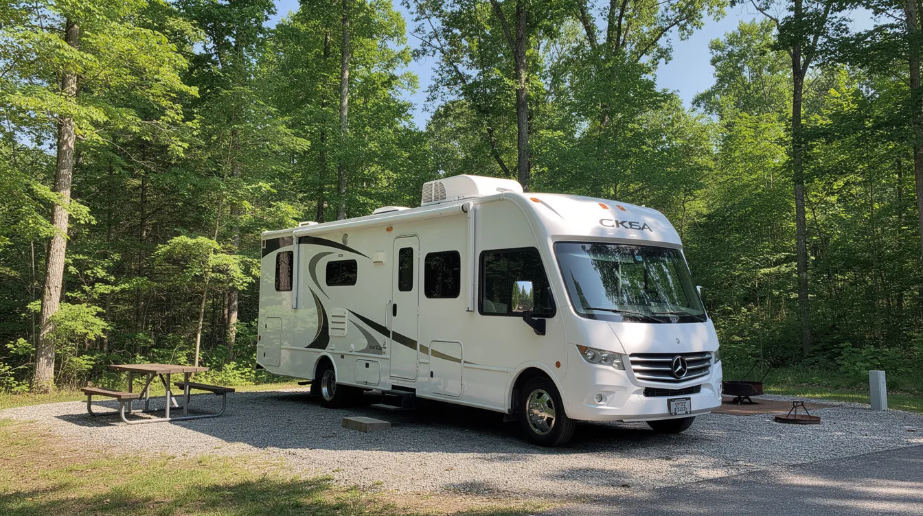 An RV with a low-profile rooftop air conditioning unit is parked at a campsite, surrounded by lush trees, providing a cool retreat for campers in warmer climates. The sleek design of the RV air conditioner ensures quieter operation while efficiently cooling the interior, making it ideal for summer travel.