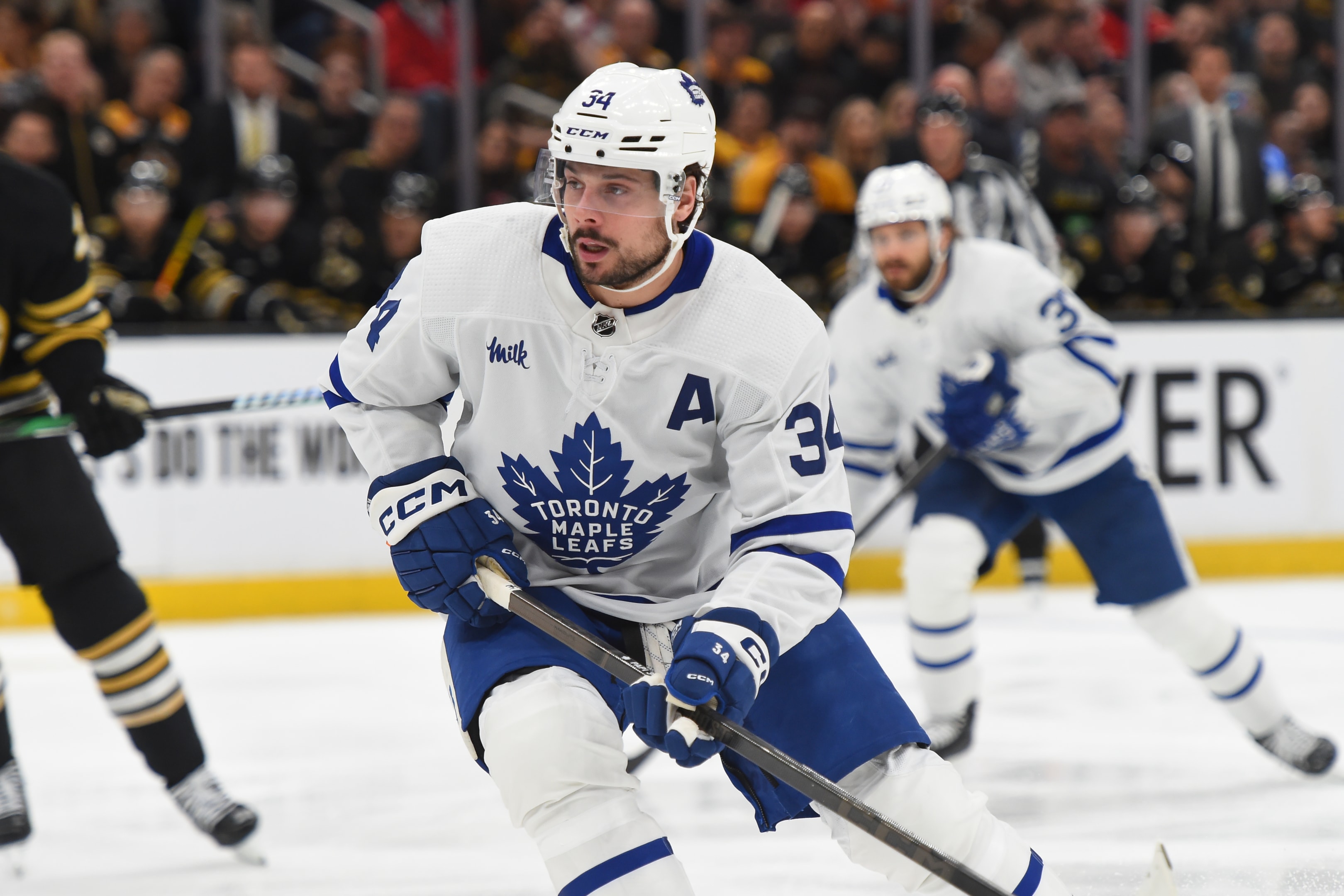  Auston Matthews of the Toronto Maple Leafs skates against the Boston Bruins in the 2024 Stanley Cup Playoffs.