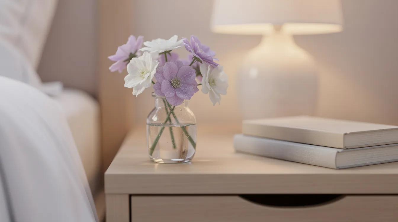 A calming arrangement of soft purple and white flowers sits on a bedside table, promoting relaxation and improving sleep quality. These beautiful blooms can help reduce stress and anxiety levels, contributing positively to a person's mental health and overall well-being.