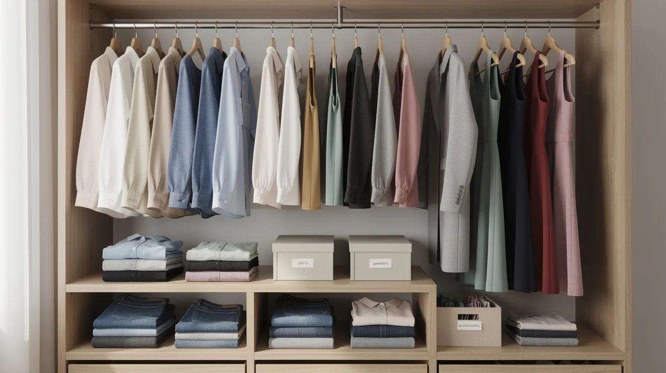 The image depicts a neatly organized closet where clothing is arranged by color and type, all on wooden hangers, showcasing a variety of outfits that can help you find your personal style. This visually appealing arrangement serves as inspiration for anyone looking to enhance their wardrobe and discover what colors and styles suit them best.