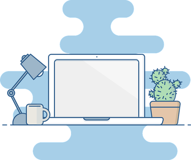 An illustrated image of a laptop and work set up.