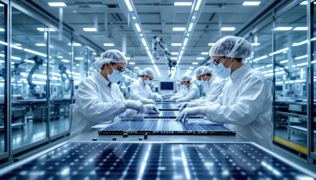 The image depicts workers in a clean manufacturing environment focused on assembling high-tech solar cells using automated equipment. This scene highlights the advanced processes involved in solar panel production, showcasing the solar industry’s commitment to renewable energy solutions.