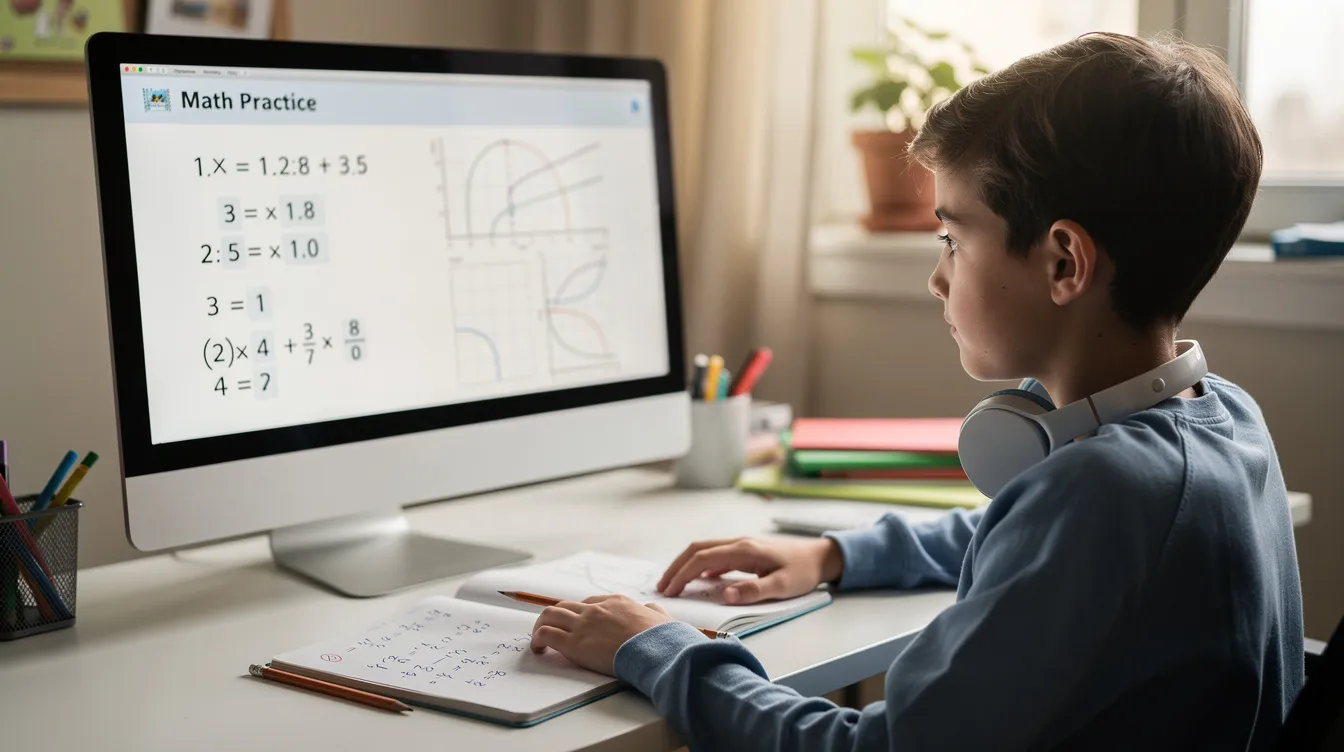 A young student is focused on solving math problems displayed on a computer screen, using AI-powered tools to enhance their learning experience. This setup allows the child to work at their own pace, providing additional support for their educational development.