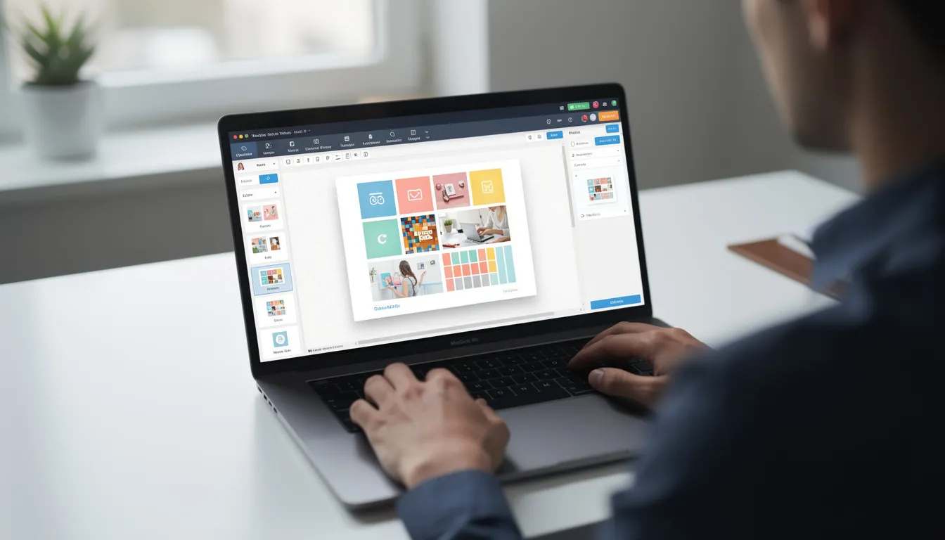 A person is focused on their laptop, using a visual website builder interface that features drag-and-drop elements for creating a business website. The screen displays various templates and tools for optimizing the site and enhancing its search engine visibility.