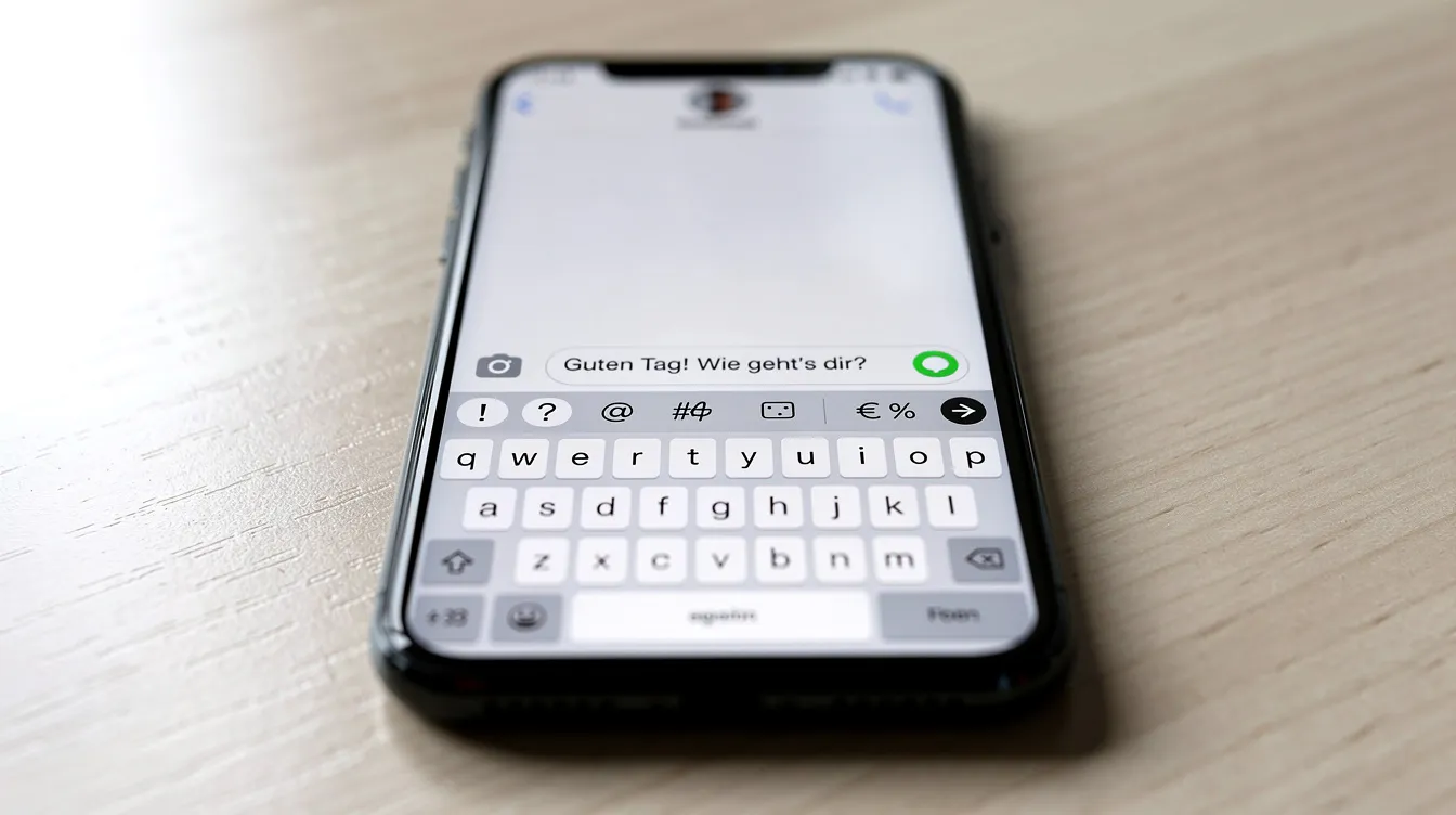 Ein Smartphone liegt auf einem Tisch, wobei die Bildschirmtastatur mit einer Ansicht von Sonderzeichen sichtbar ist. Auf dem Display sind verschiedene Zeichen wie das Copyright-Zeichen und andere Symbole zu sehen, die für die Eingabe und Verwendung auf dem Gerät relevant sind.