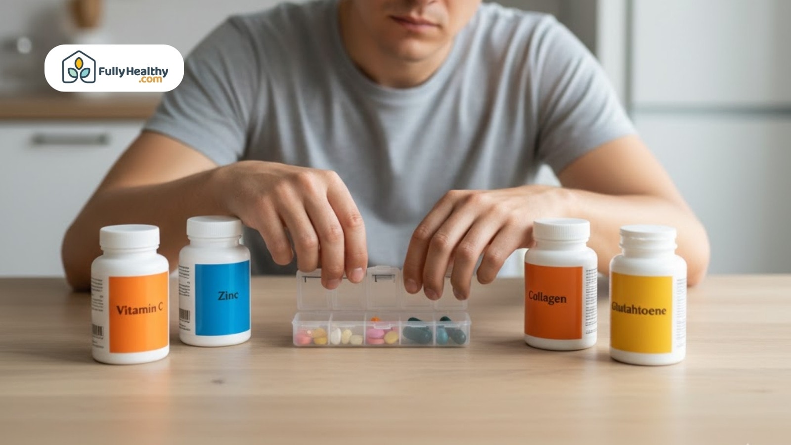 Man organizing daily vitamins including zinc and glutathione