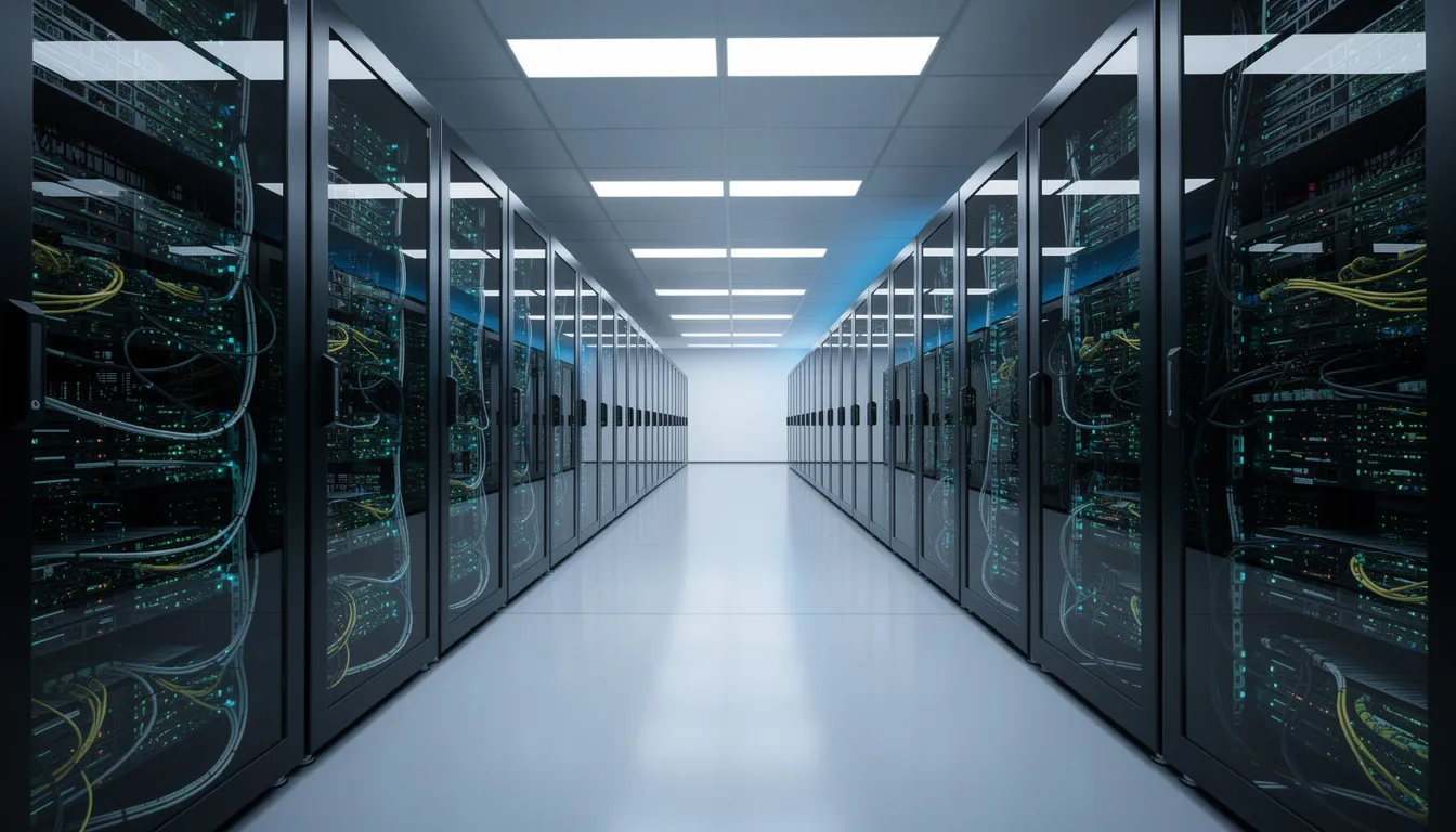 The image depicts a modern server room filled with rows of advanced computing equipment, showcasing various LED indicators that signal operational status. This environment is essential for software development companies, providing the infrastructure needed for innovative software solutions and custom software development services.