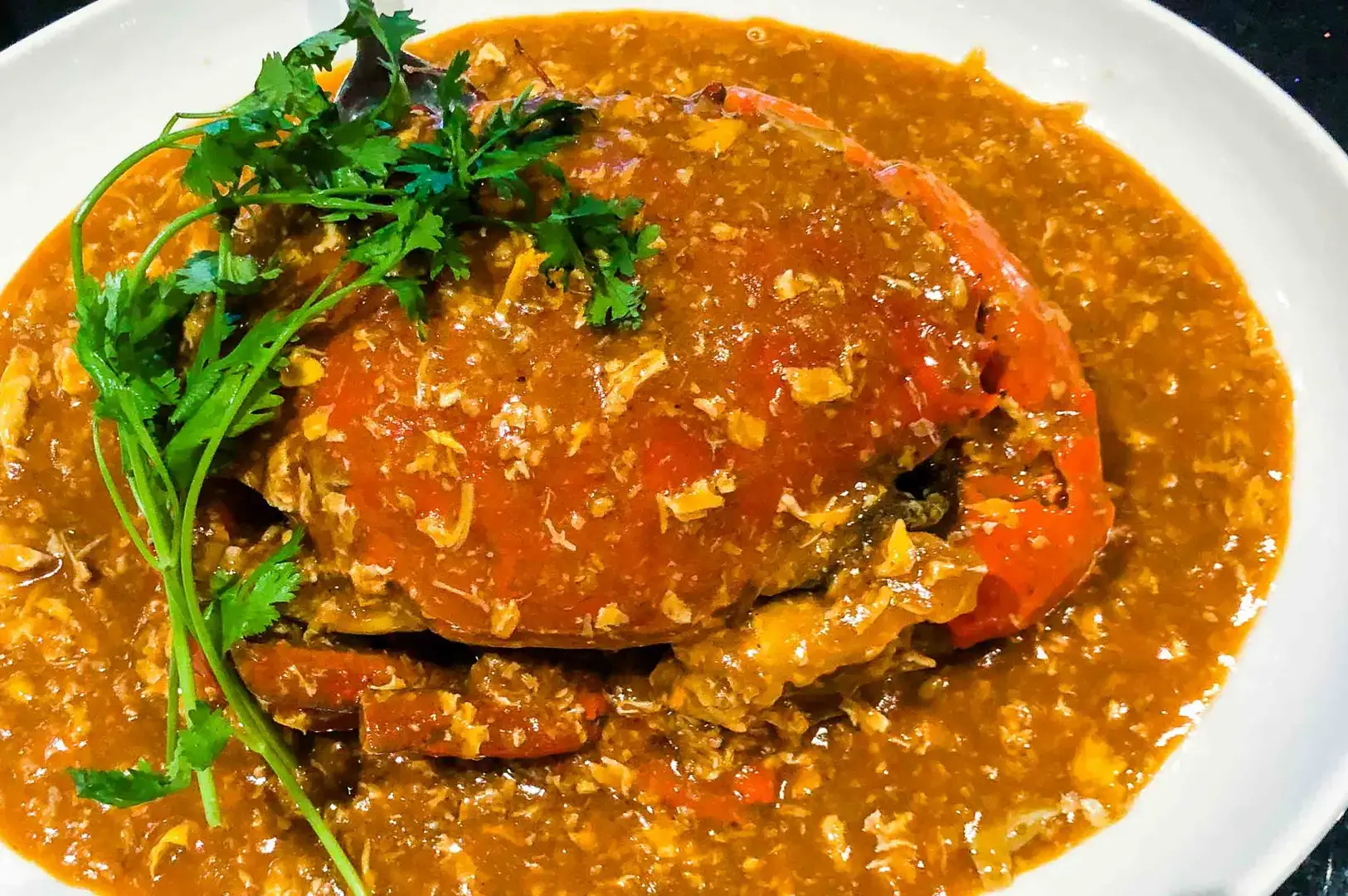 Singapore chili crab in rich tomato sauce garnished with fresh coriander